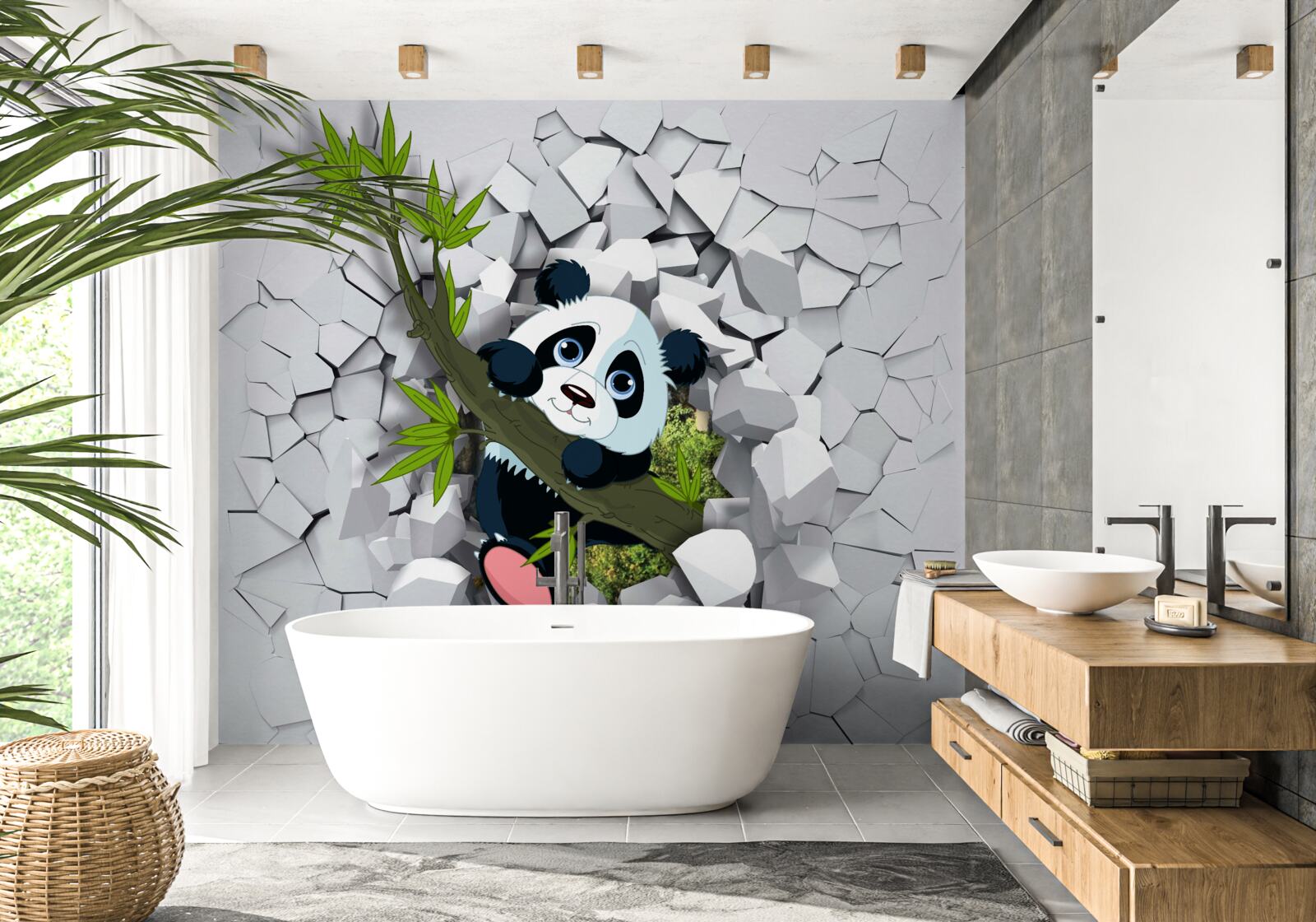 Papier peint Le panda regarde prudemment à travers le mur de briques en ruine.