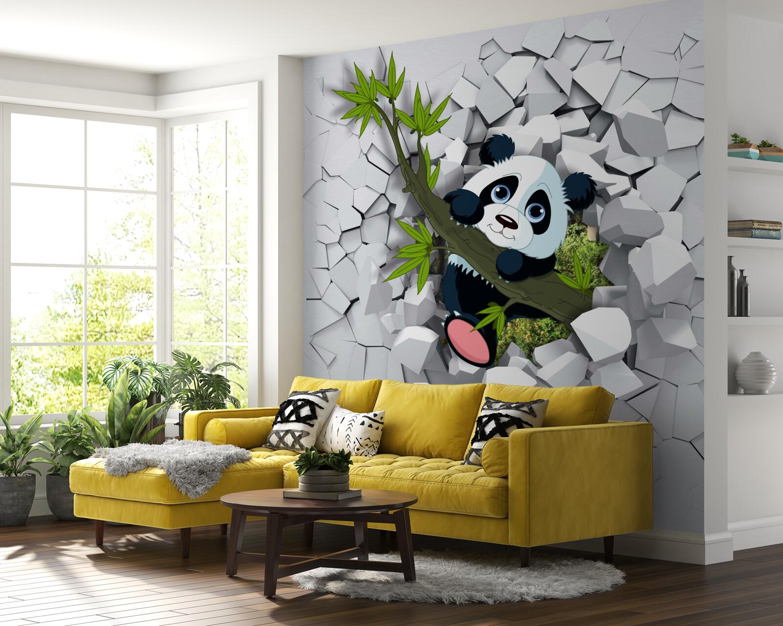 Papier peint Le panda regarde prudemment à travers le mur de briques en ruine.