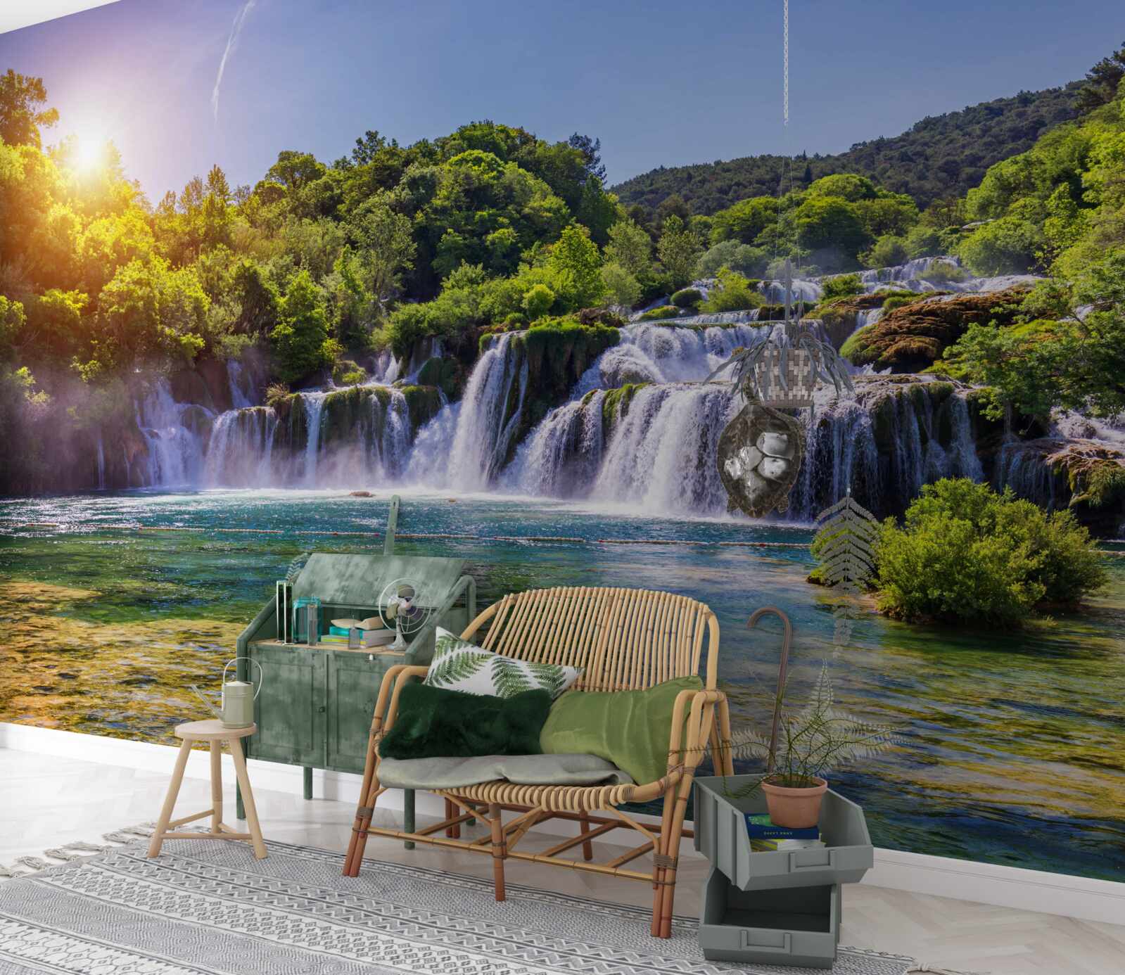 Papier peint la cascade, dont les eaux se précipitent sous le crépuscule tombant, émet un son fort