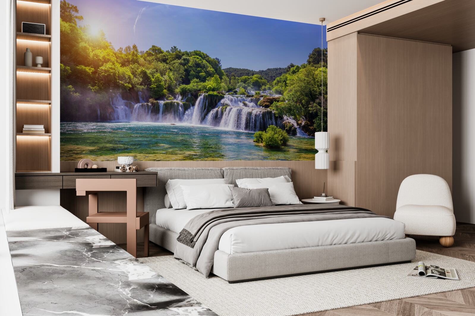 Papier peint la cascade, dont les eaux se précipitent sous le crépuscule tombant, émet un son fort