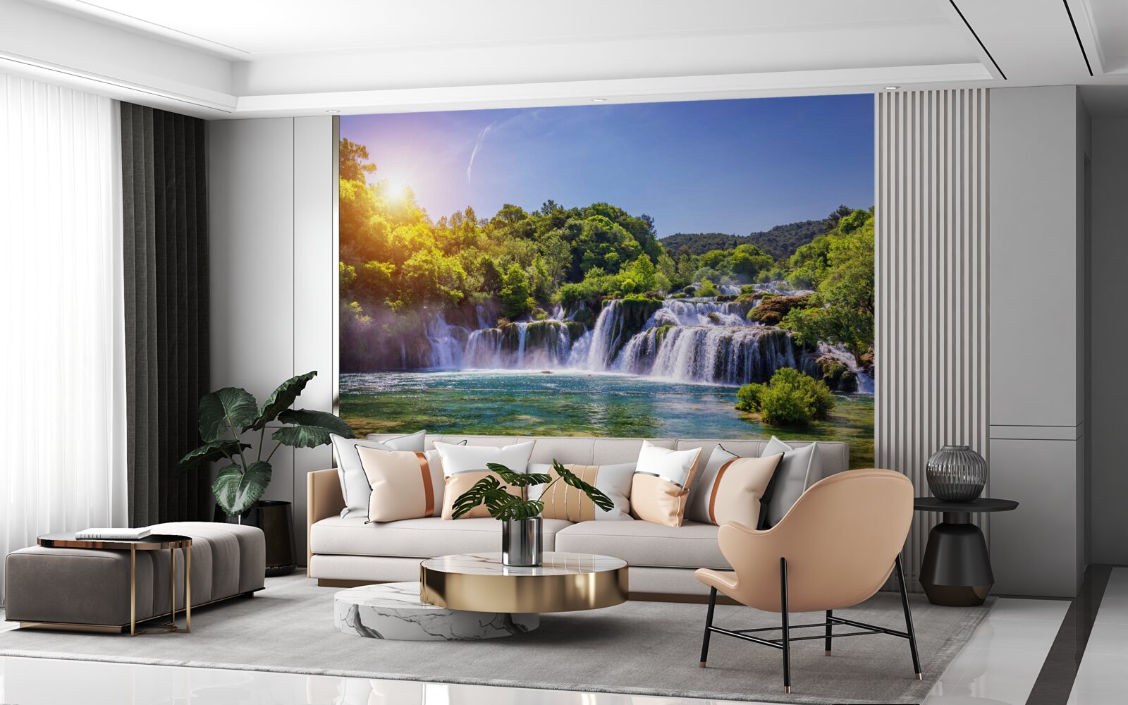 Papier peint la cascade, dont les eaux se précipitent sous le crépuscule tombant, émet un son fort