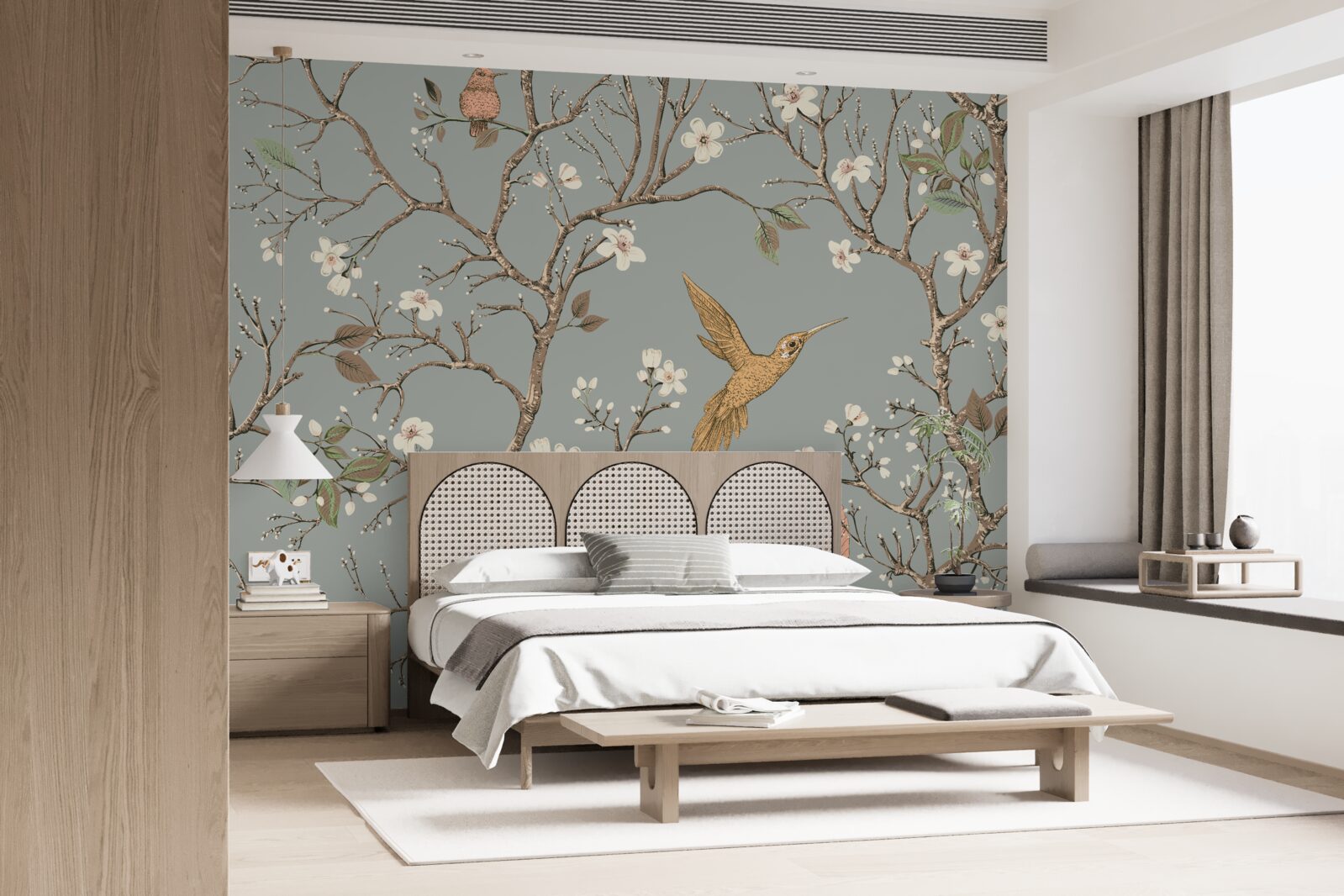 Papier peint arbre à fleurs et colibri