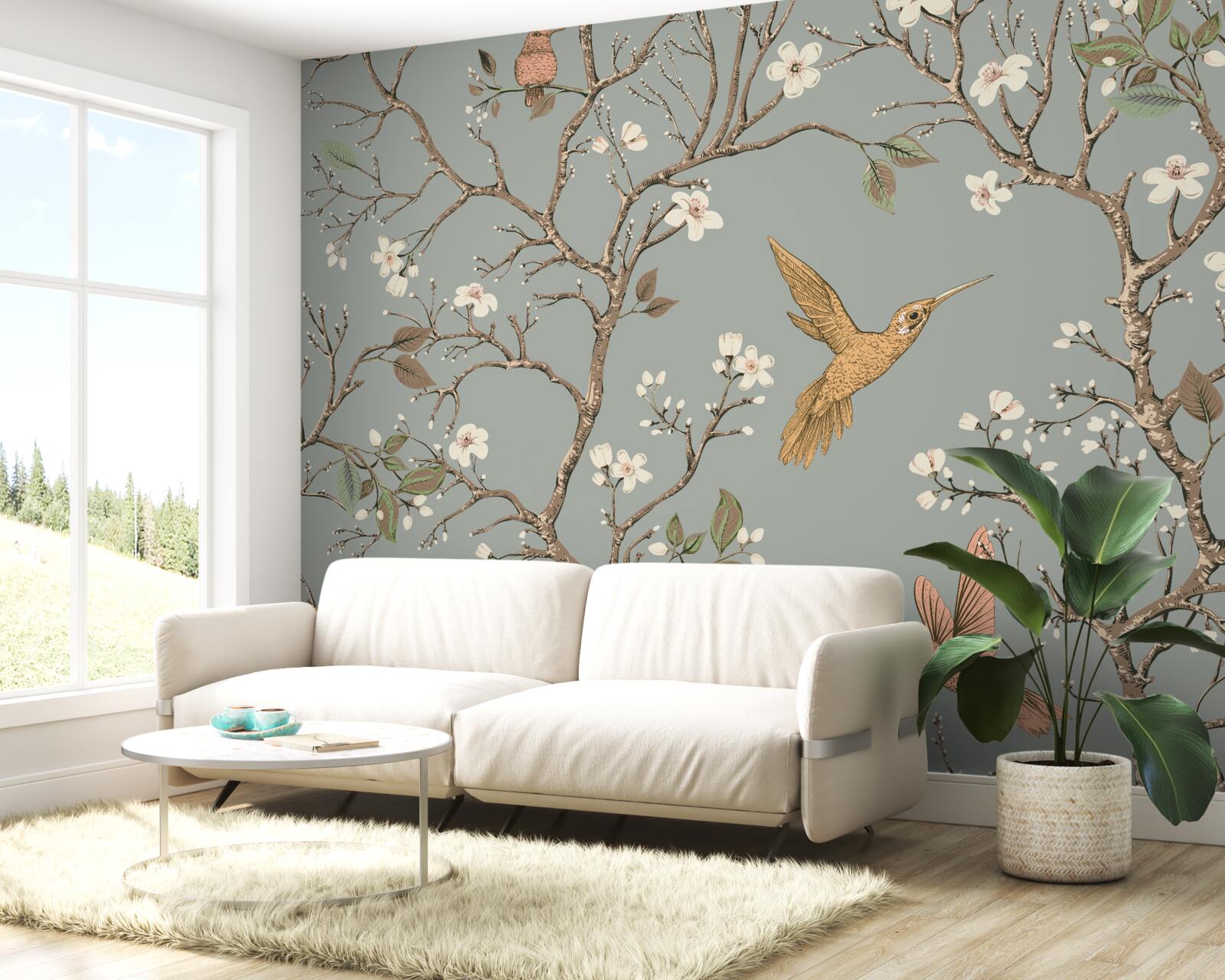 Papier peint arbre à fleurs et colibri