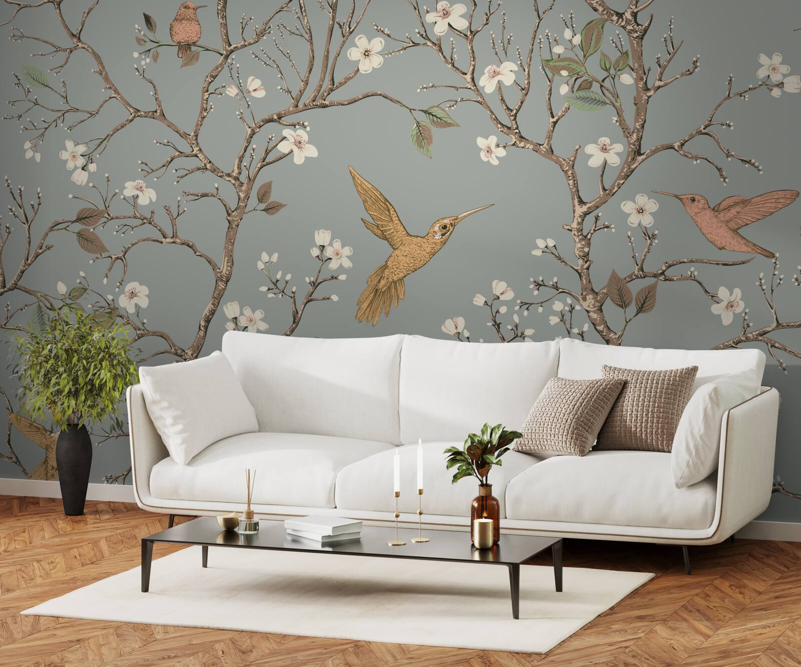 Papier peint arbre à fleurs et colibri