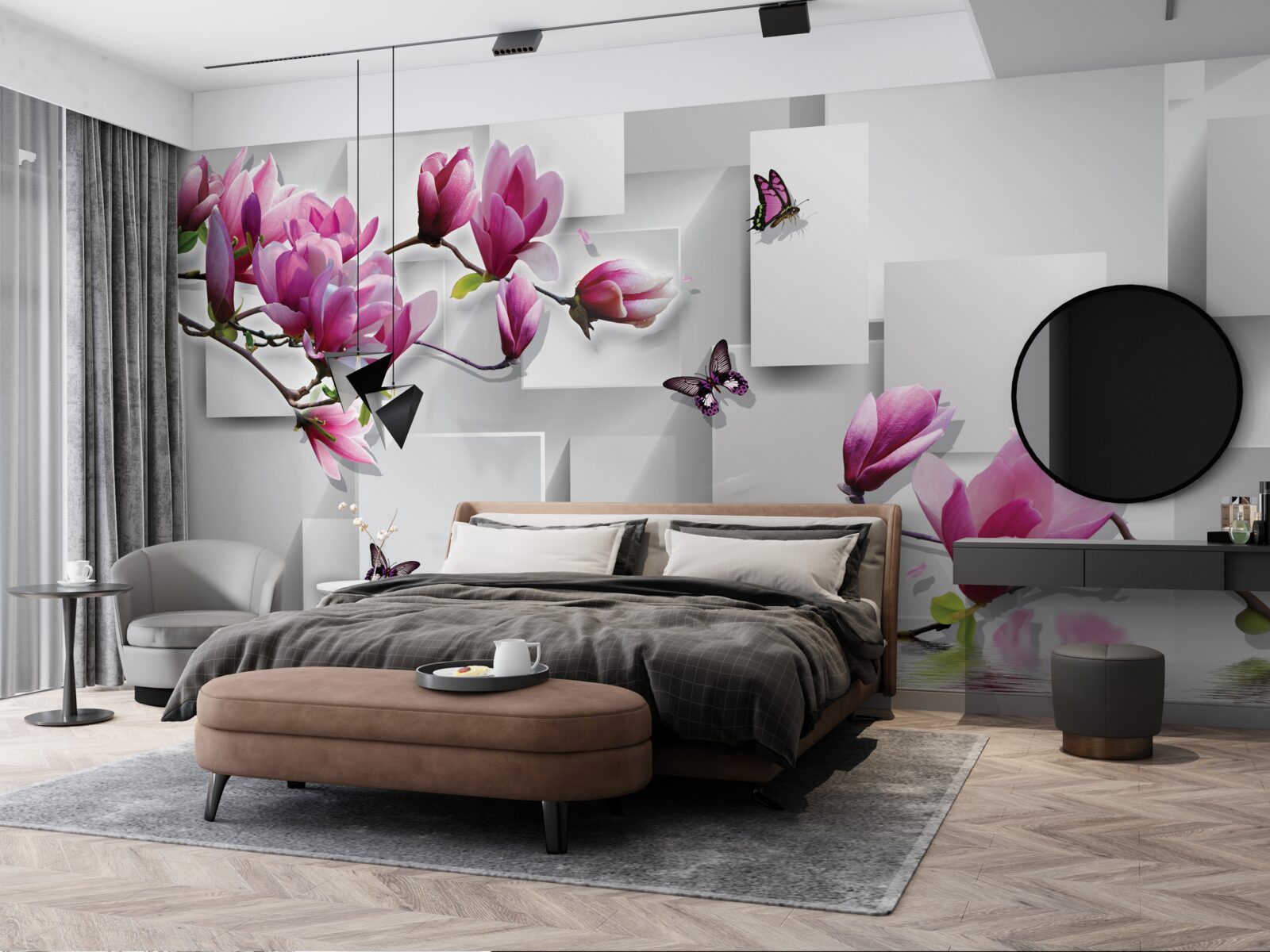 Papier peint les magnolias pourpres qui survolent l'eau