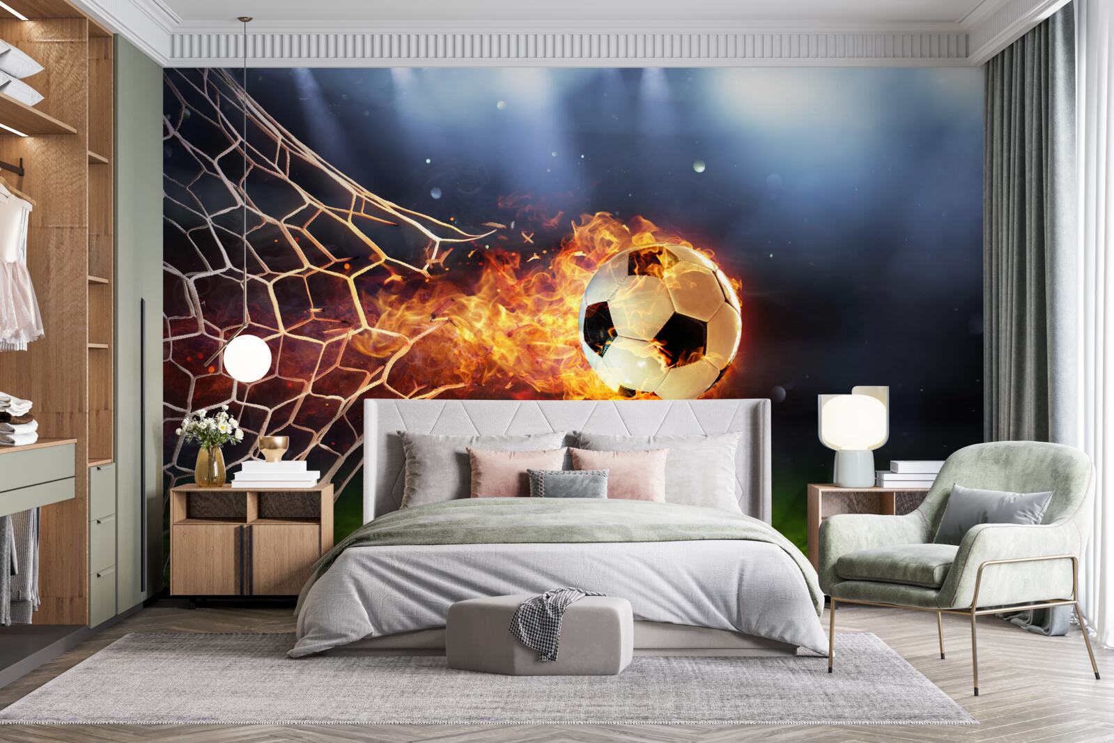 Papier peint La balle brûlante explose dans le filet de but