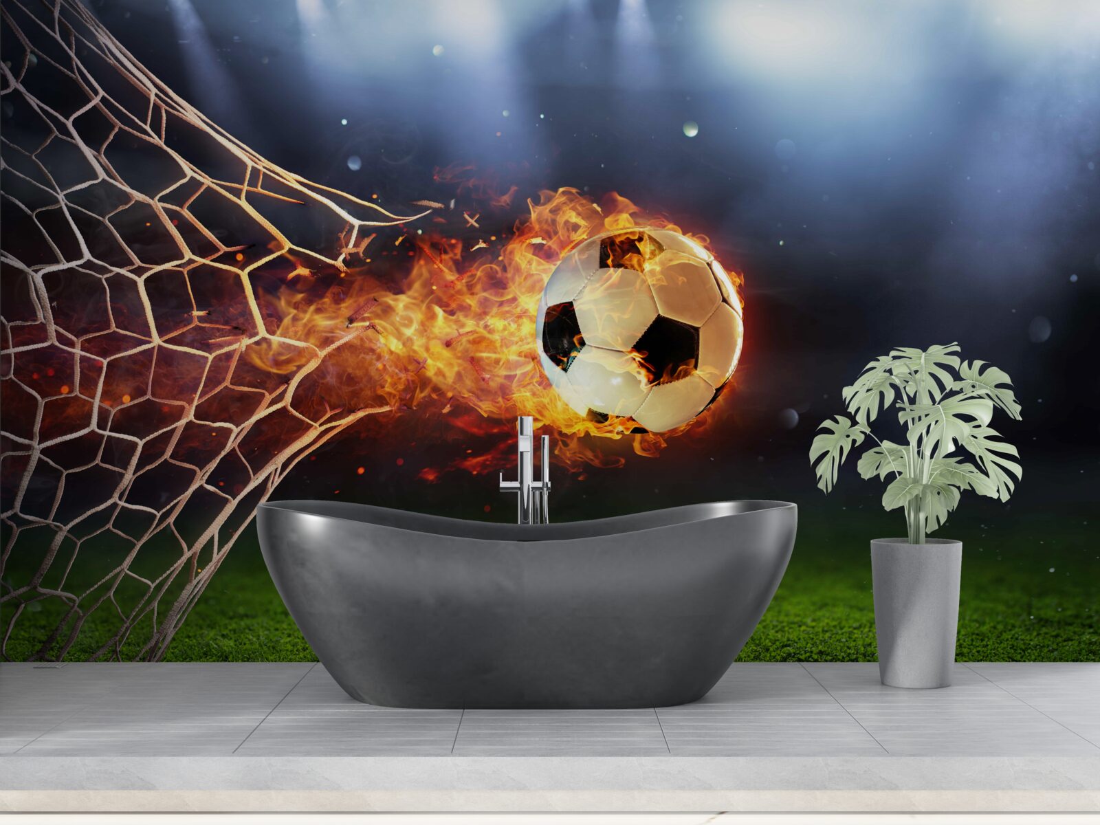 Papier peint La balle brûlante explose dans le filet de but