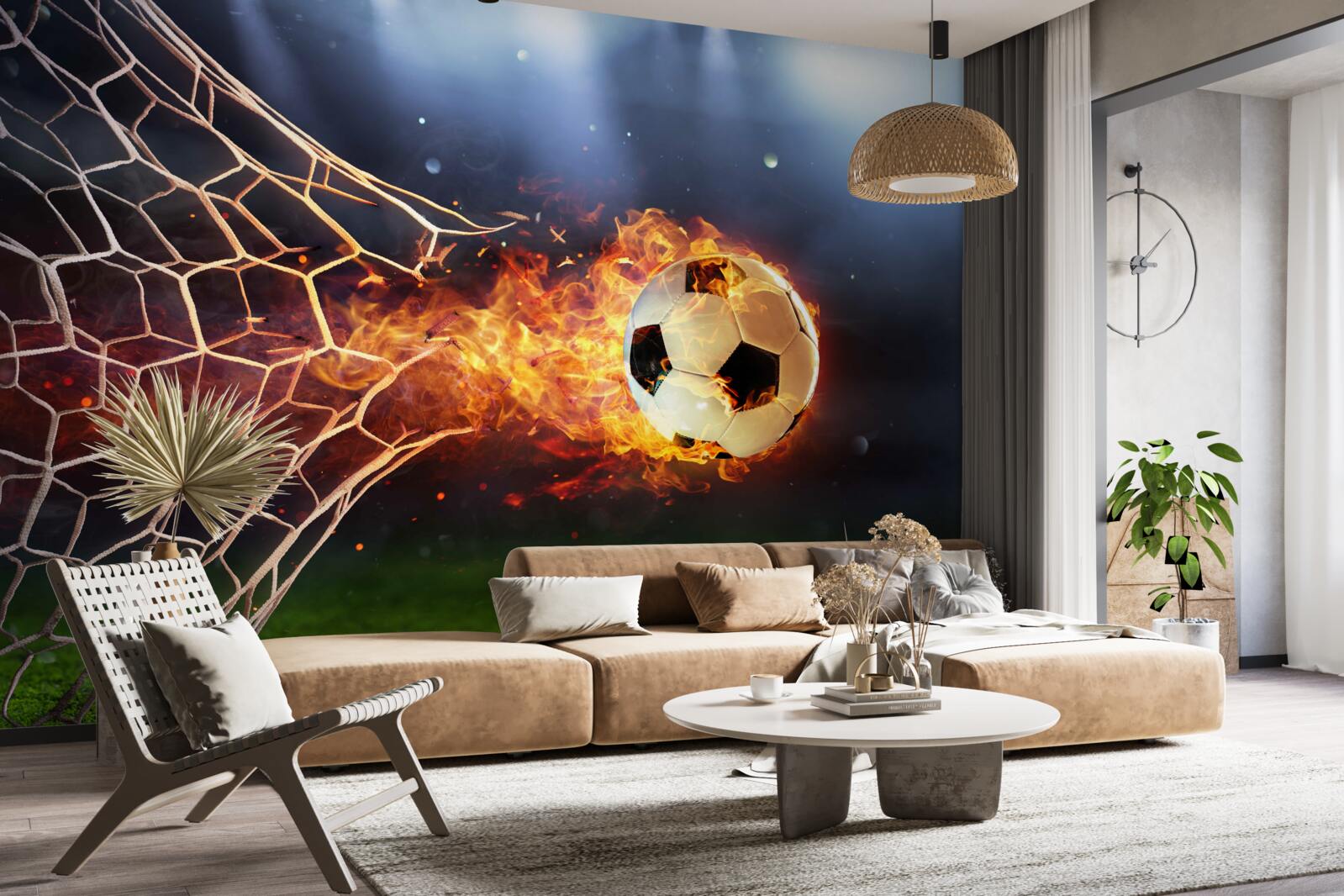 Papier peint La balle brûlante explose dans le filet de but