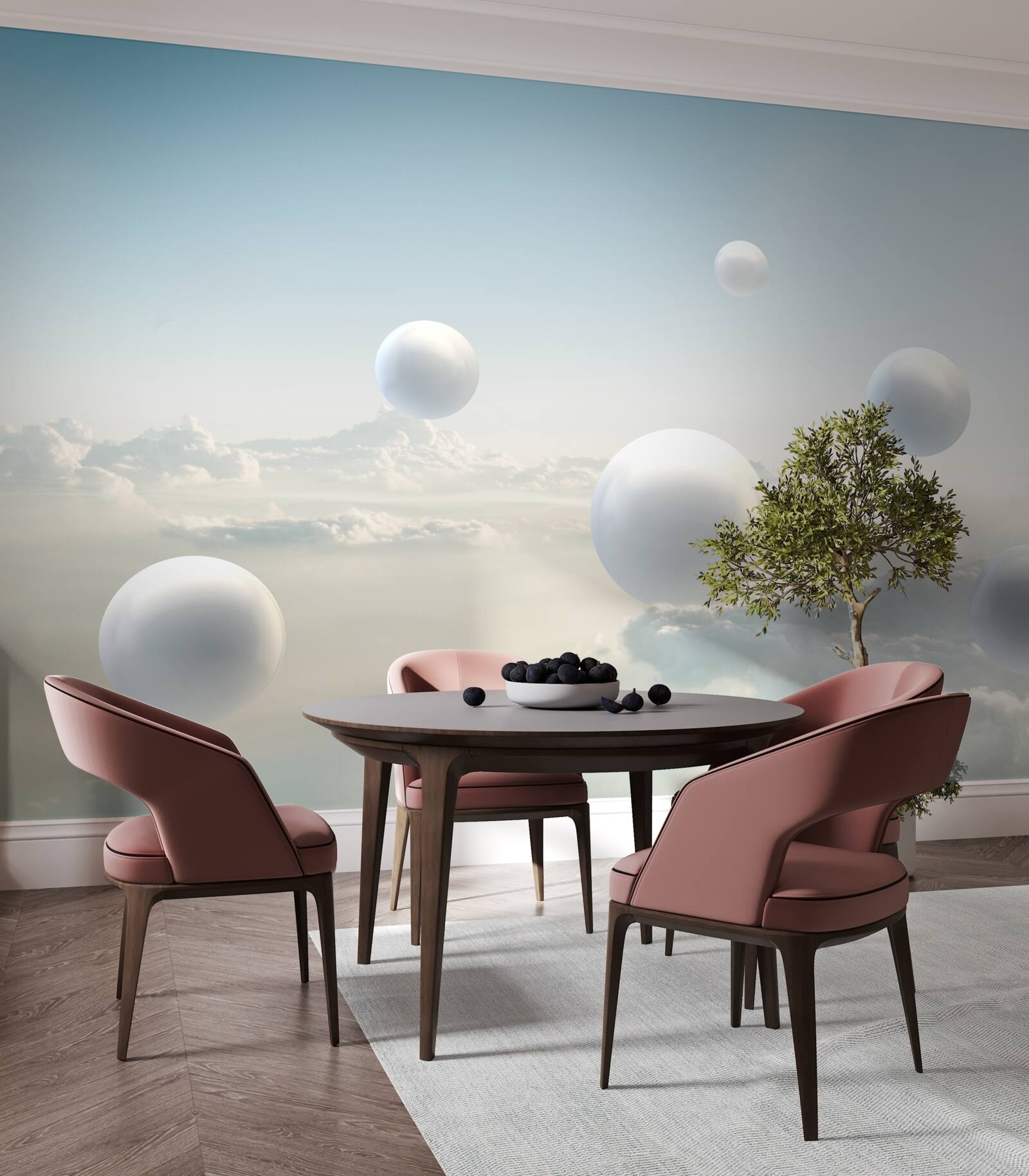 Papier peint boules blanches flottant dans le ciel