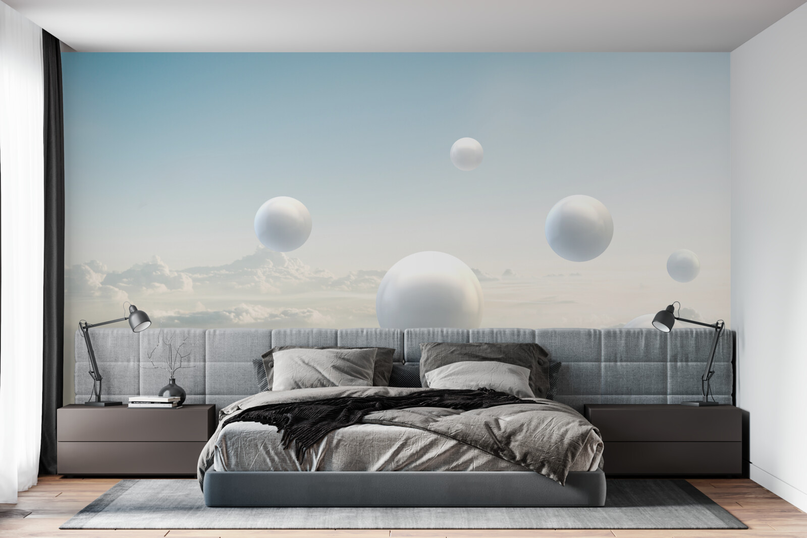 Papier peint boules blanches flottant dans le ciel