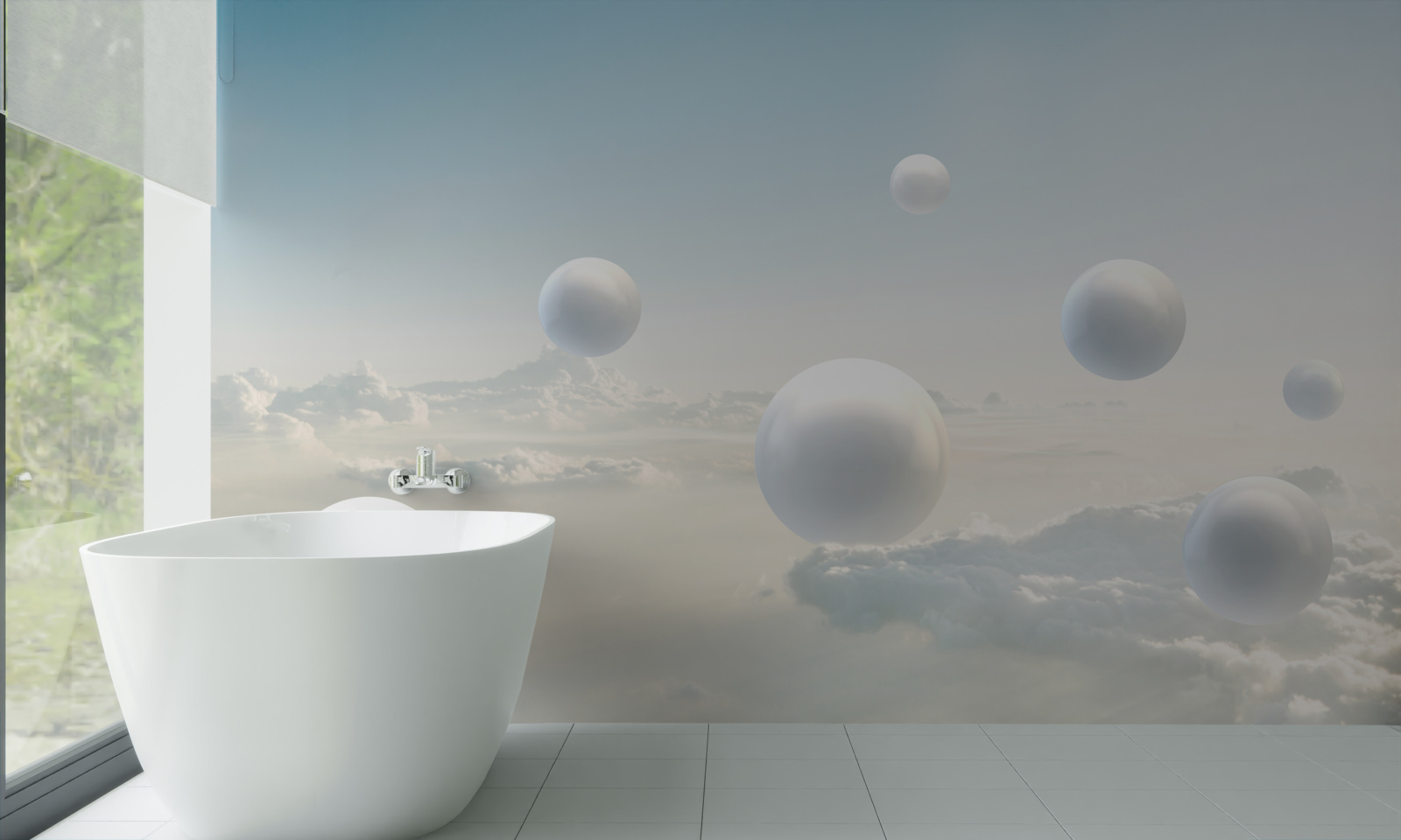 Papier peint boules blanches flottant dans le ciel