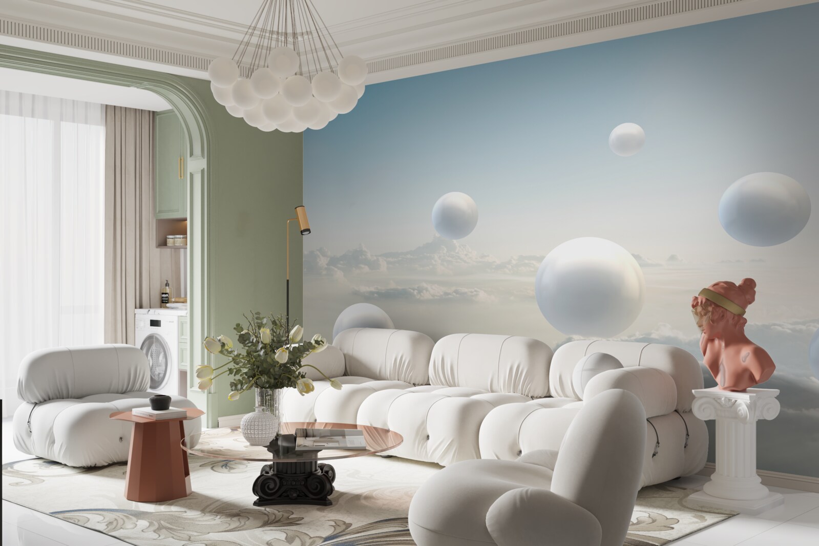 Papier peint boules blanches flottant dans le ciel