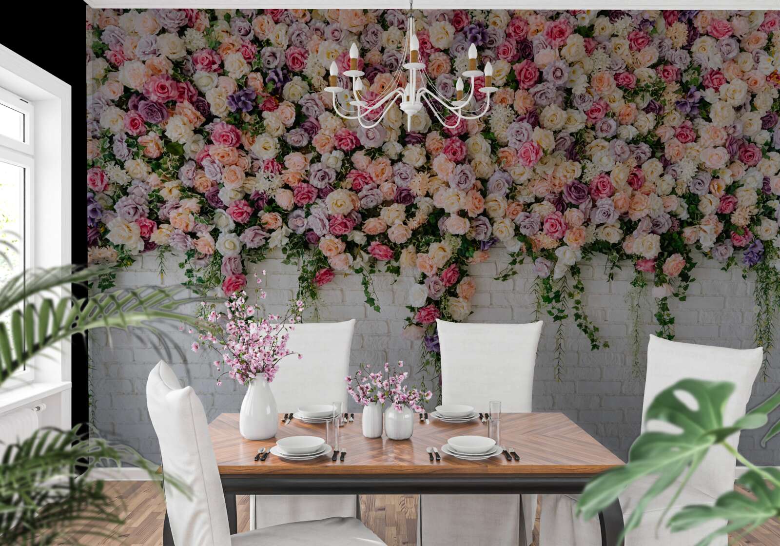 Papier peint Mur de briques décoré de fleurs de rosiers