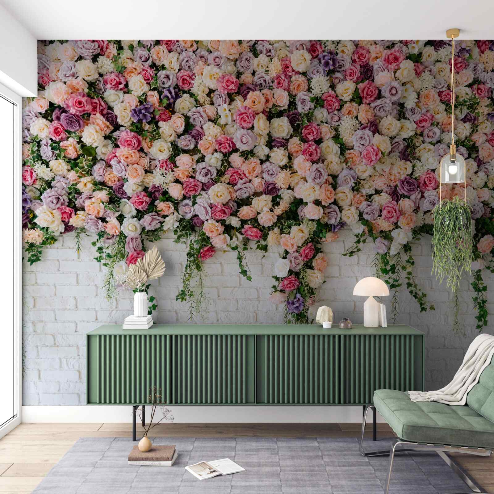 Papier peint Mur de briques décoré de fleurs de rosiers