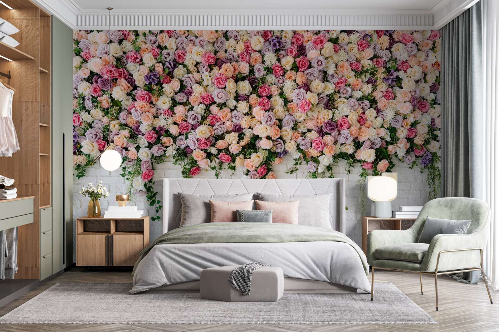 Papier peint Mur de briques décoré de fleurs de rosiers