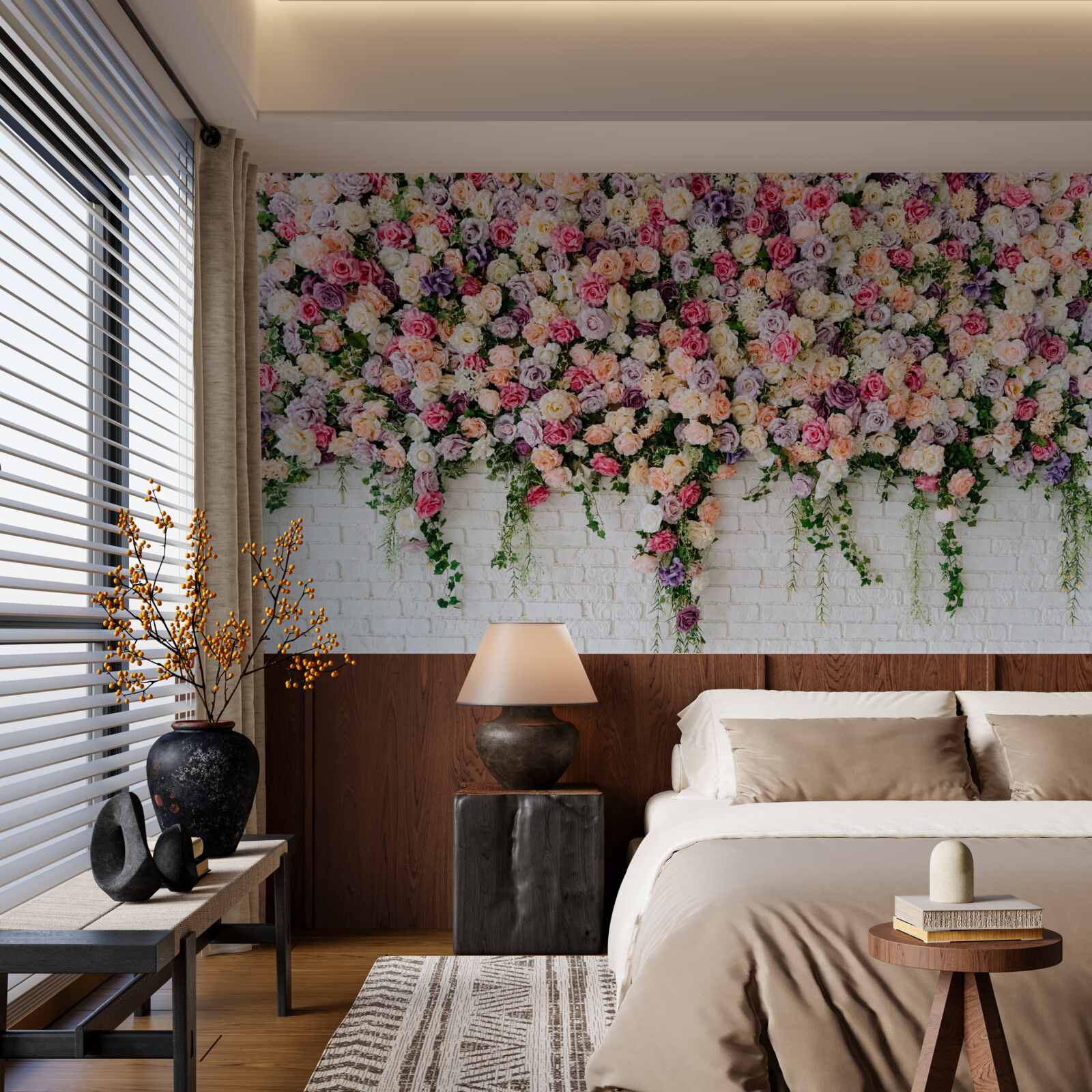 Papier peint Mur de briques décoré de fleurs de rosiers