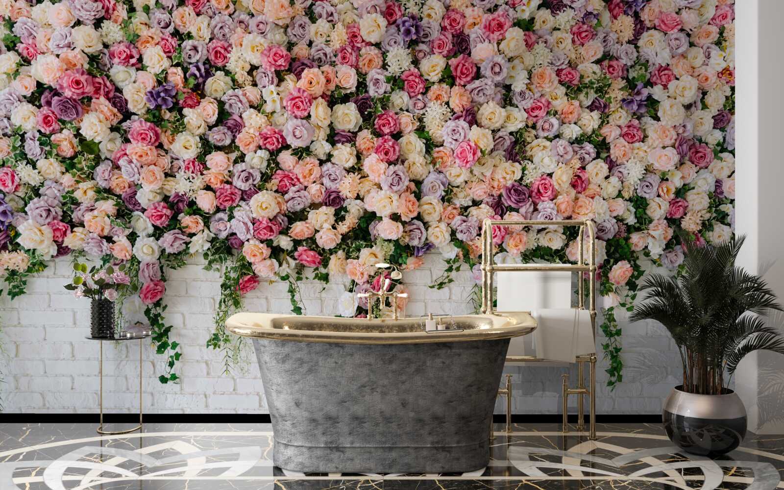 Papier peint Mur de briques décoré de fleurs de rosiers