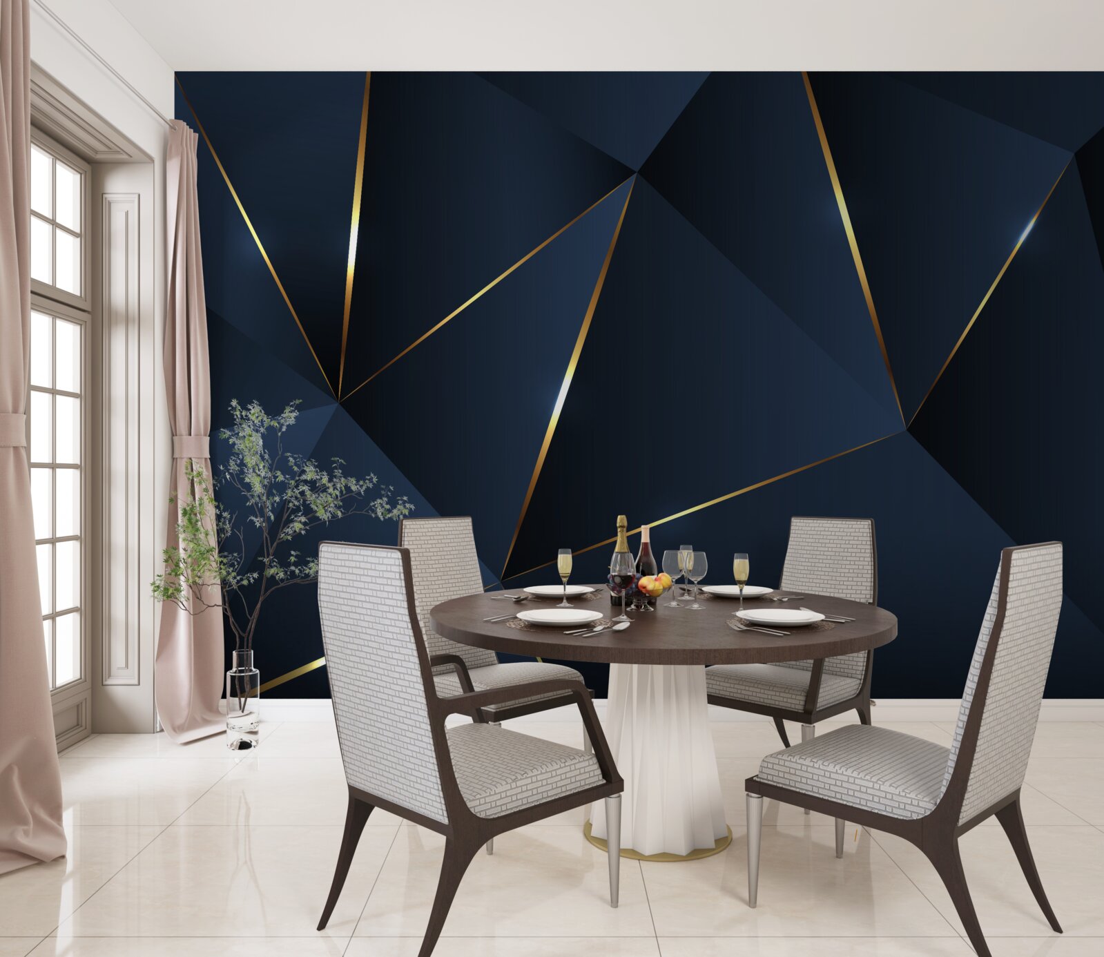 Papier peint les triangles sont bleu foncé avec des bords dorés