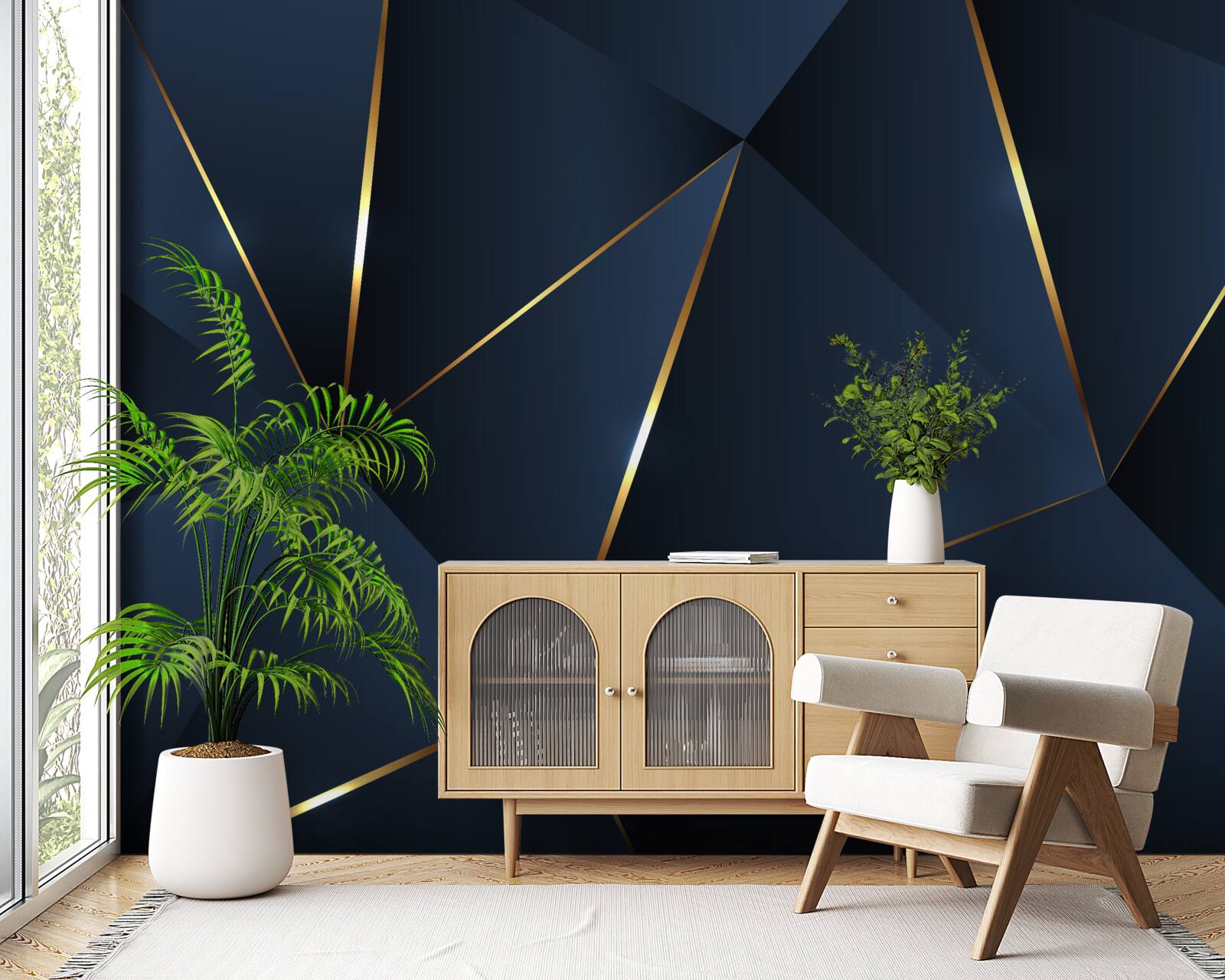 Papier peint les triangles sont bleu foncé avec des bords dorés