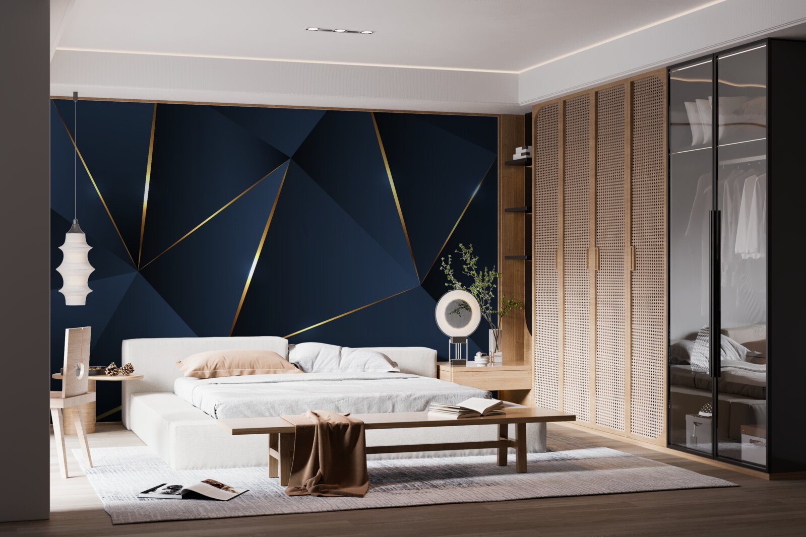 Papier peint les triangles sont bleu foncé avec des bords dorés