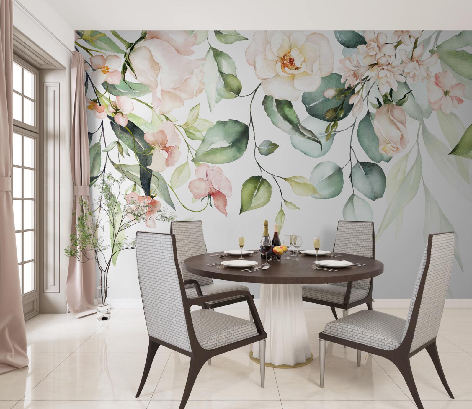 Papier peint fleurs tropicales avec feuilles dans les tons verts