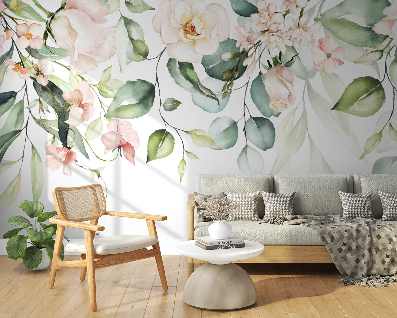 Papier peint fleurs tropicales avec feuilles dans les tons verts