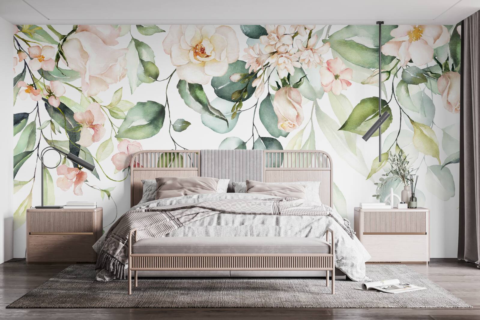 Papier peint fleurs tropicales avec feuilles dans les tons verts