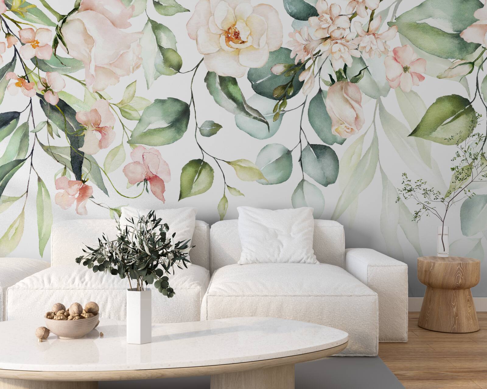 Papier peint fleurs tropicales avec feuilles dans les tons verts