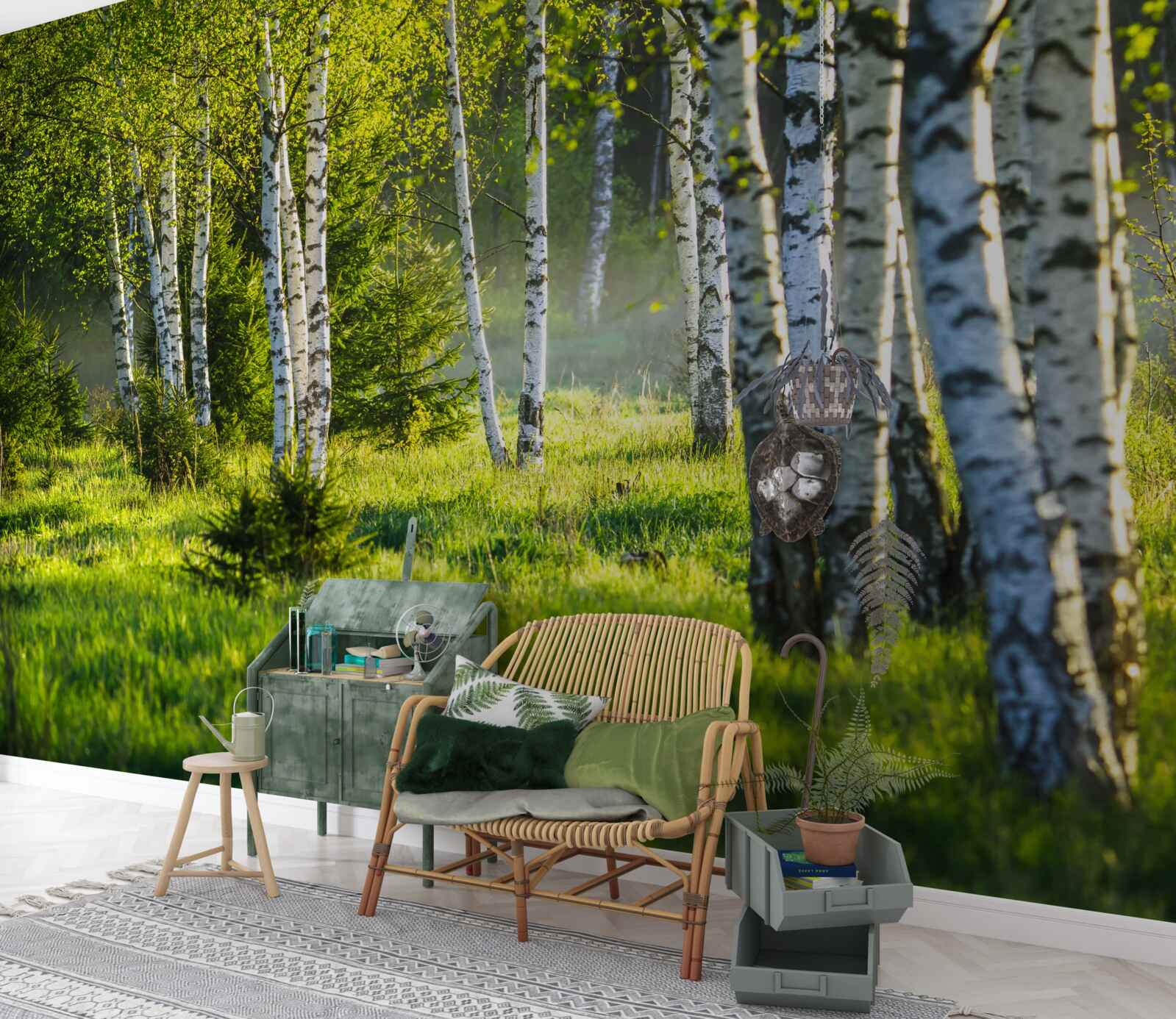 Papier peint Les prairies ornées de bouleaux majestueux sont peintes en vert vif.