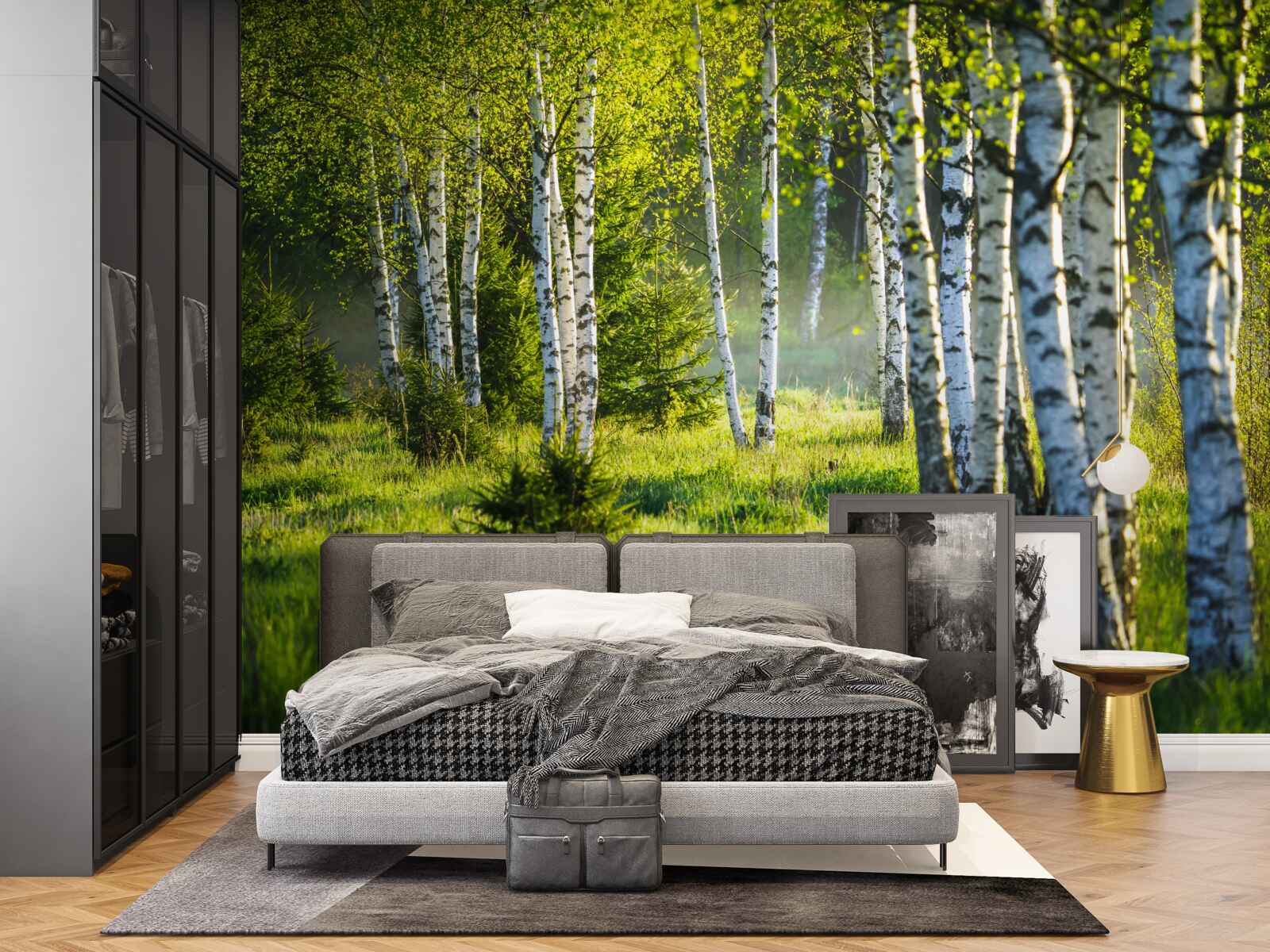 Papier peint Les prairies ornées de bouleaux majestueux sont peintes en vert vif.