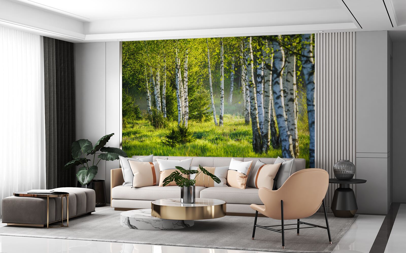 Papier peint Les prairies ornées de bouleaux majestueux sont peintes en vert vif.