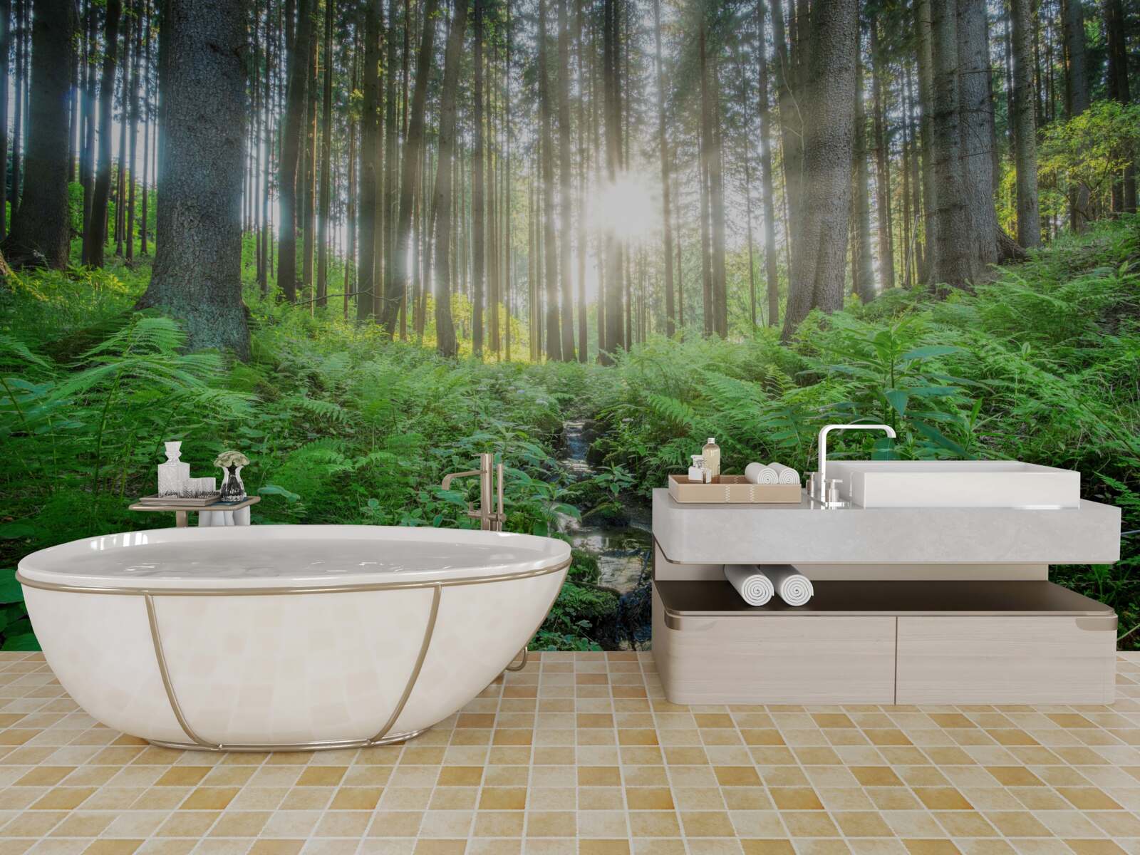 Papier peint les rayons du soleil pénètrent dans la forêt dense