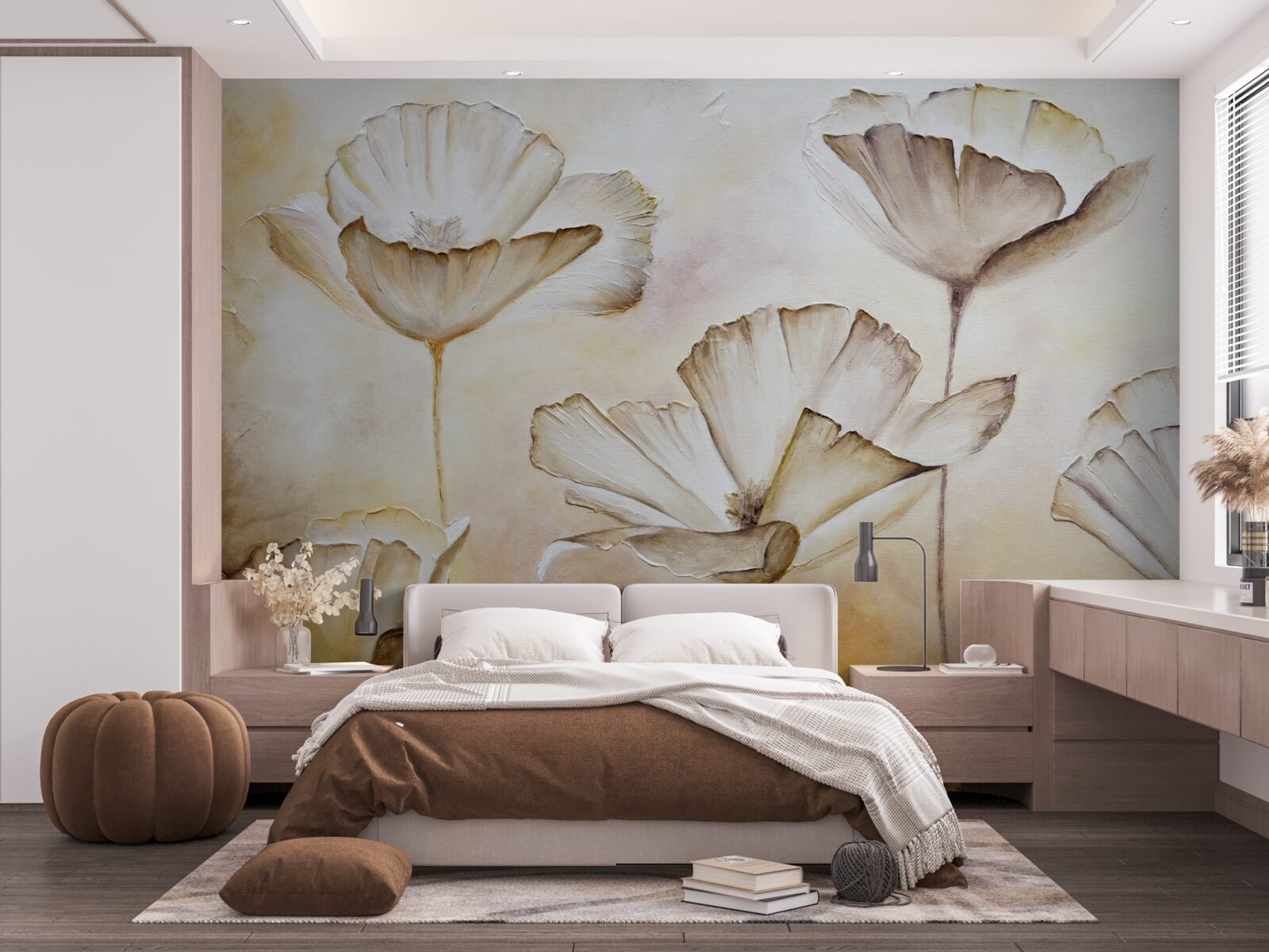 Papier peint les coquelicots sont délicatement blancs sur fond marron