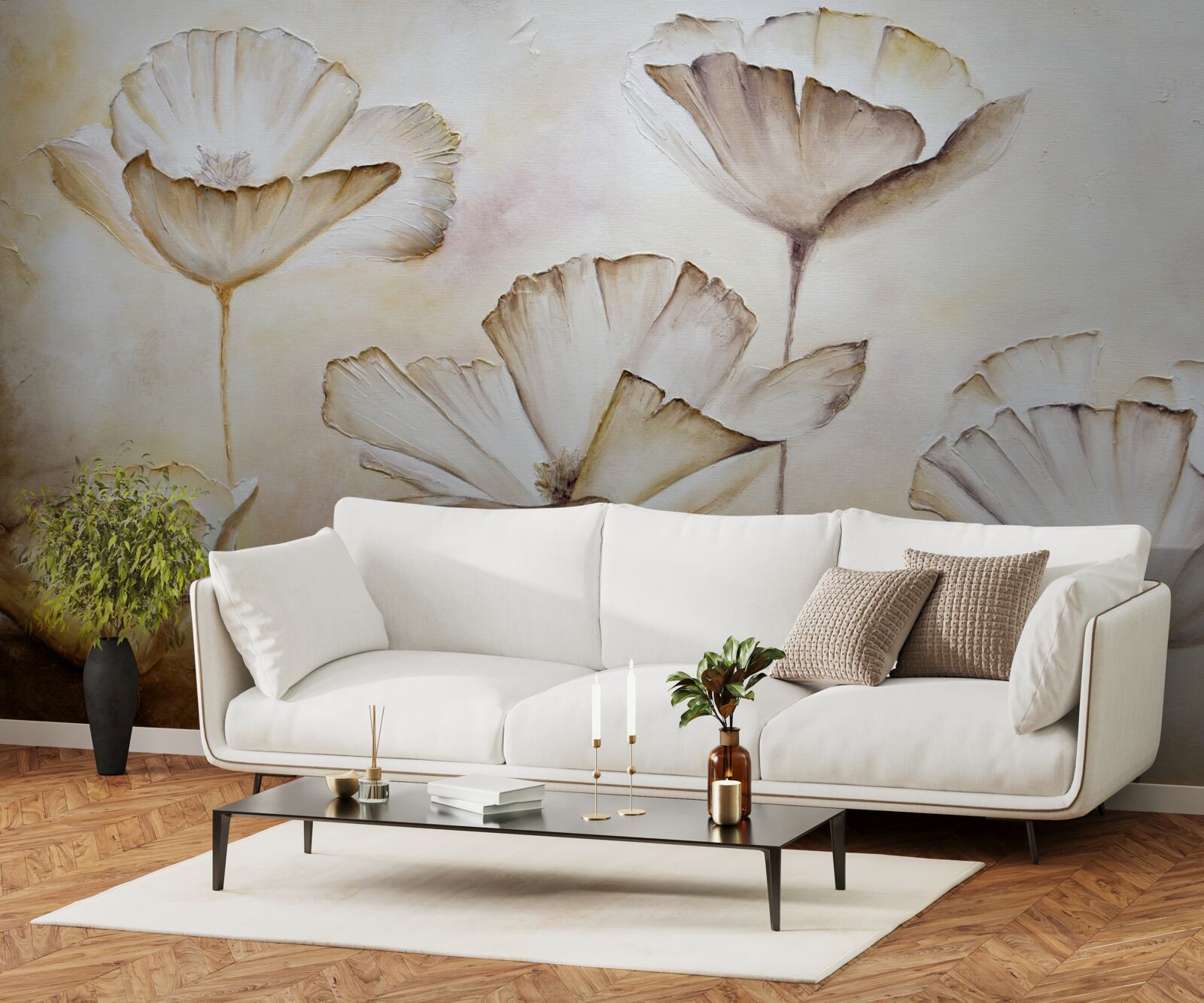 Papier peint les coquelicots sont délicatement blancs sur fond marron