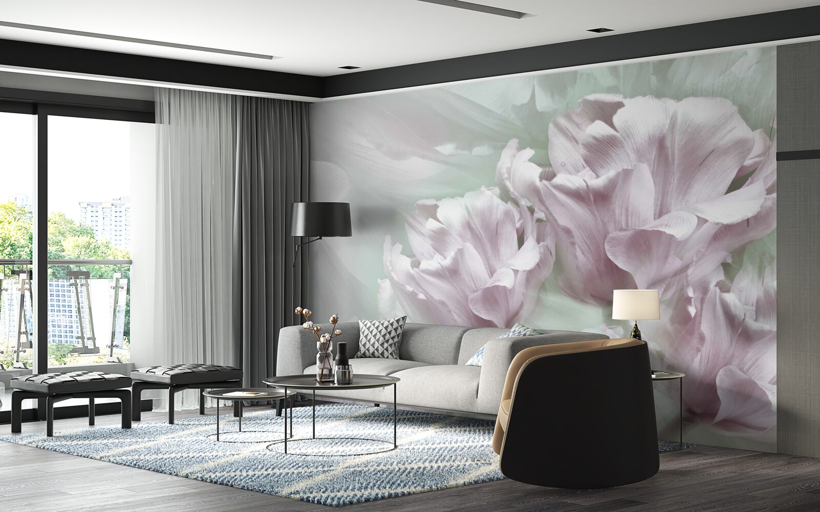 Papier peint magnifiques grandes fleurs blanc-violet