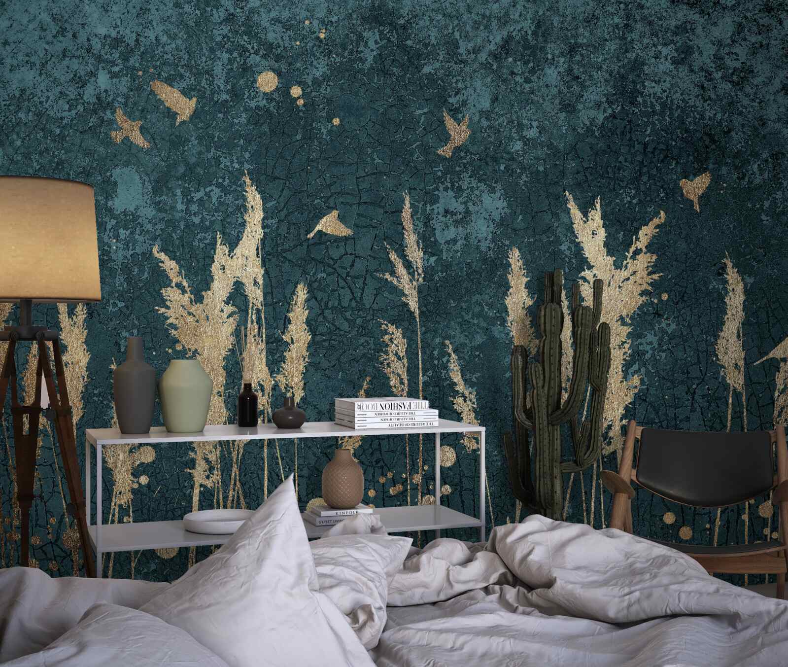 Papier peint le soir, les oiseaux survolent les prairies