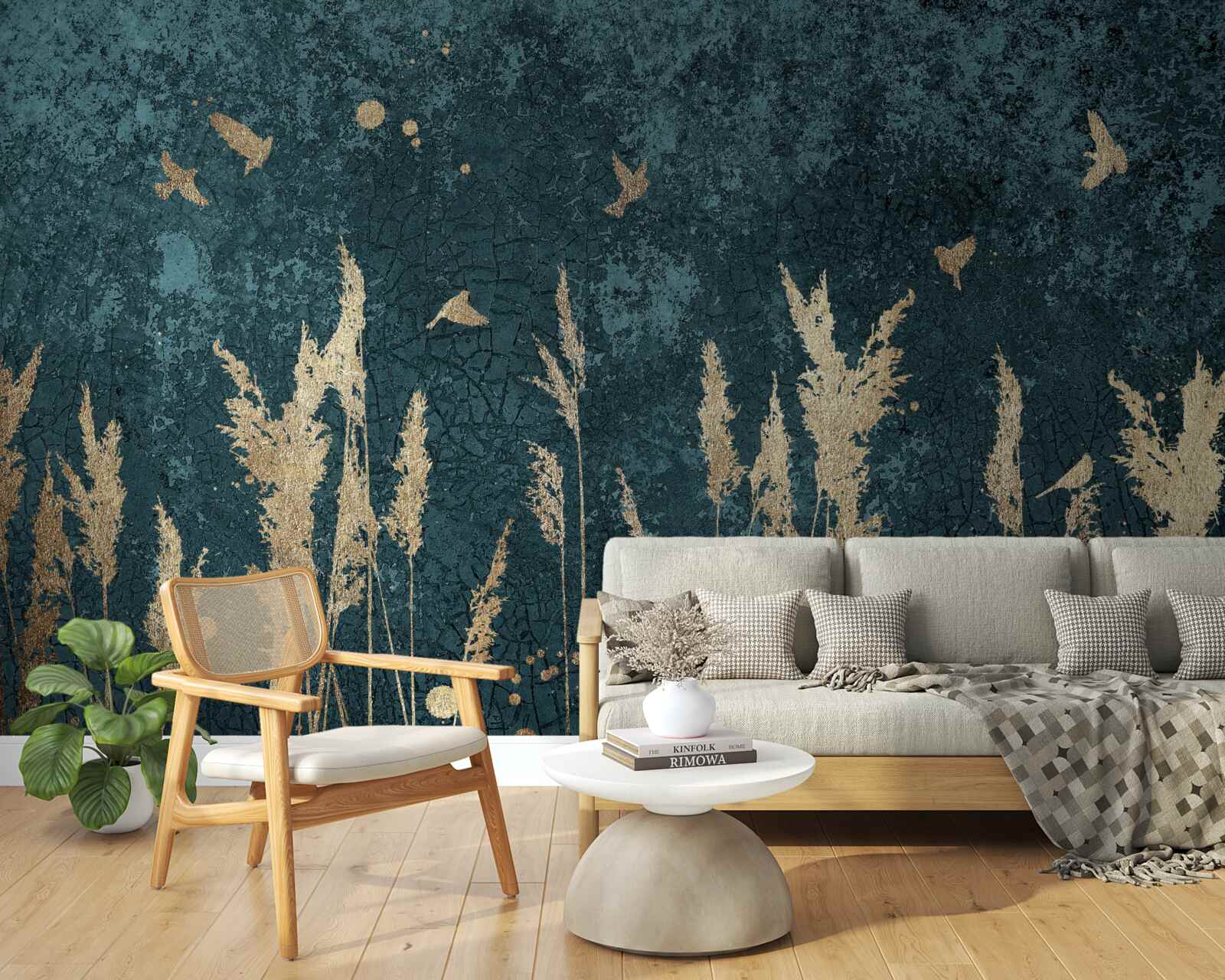 Papier peint le soir, les oiseaux survolent les prairies