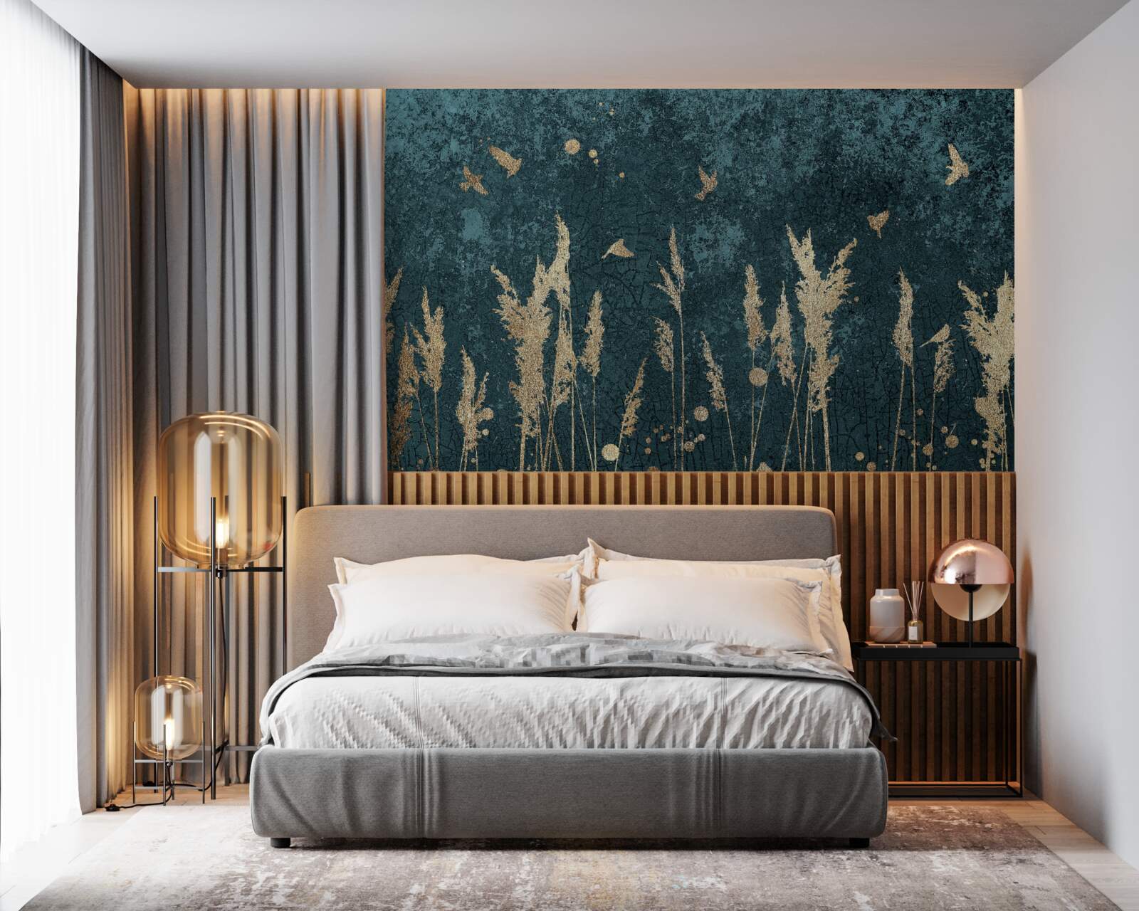 Papier peint le soir, les oiseaux survolent les prairies