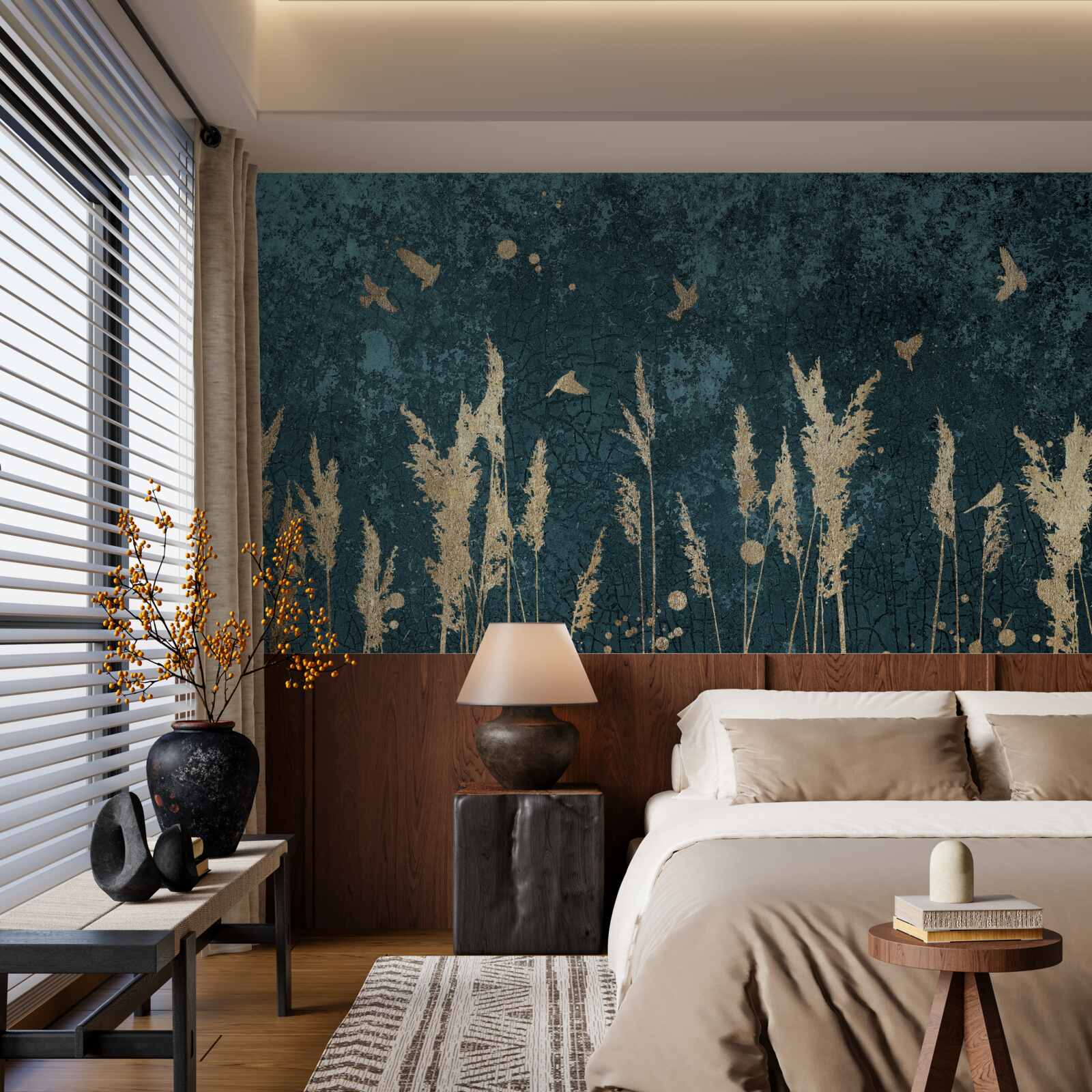 Papier peint le soir, les oiseaux survolent les prairies