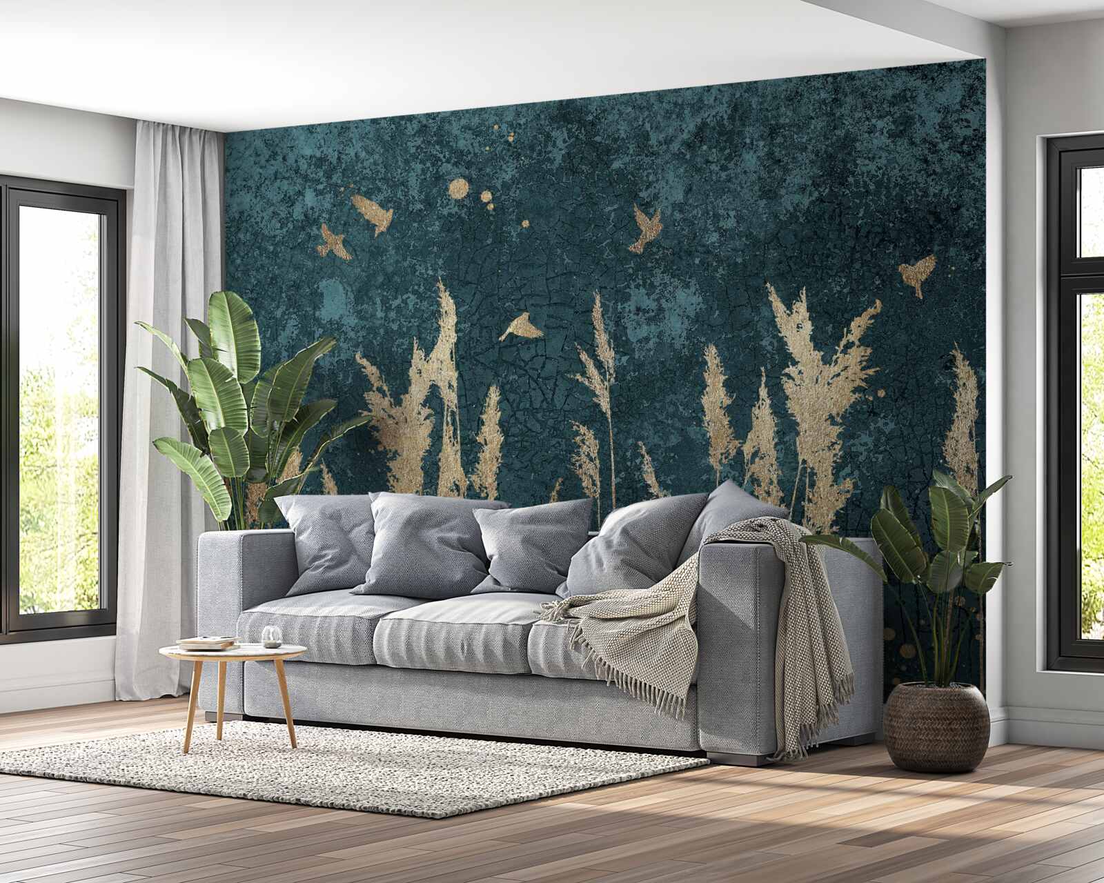 Papier peint le soir, les oiseaux survolent les prairies