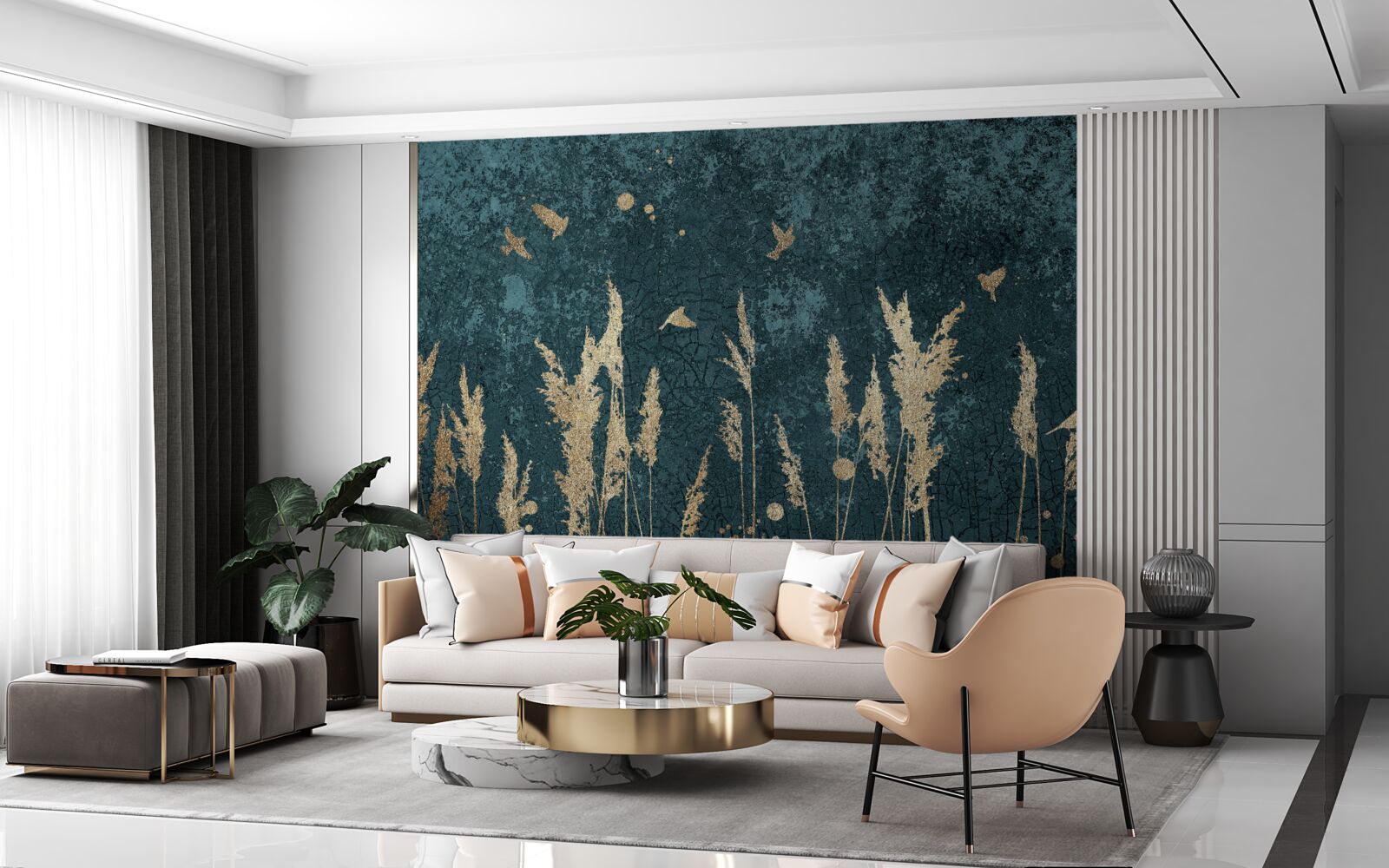 Papier peint le soir, les oiseaux survolent les prairies