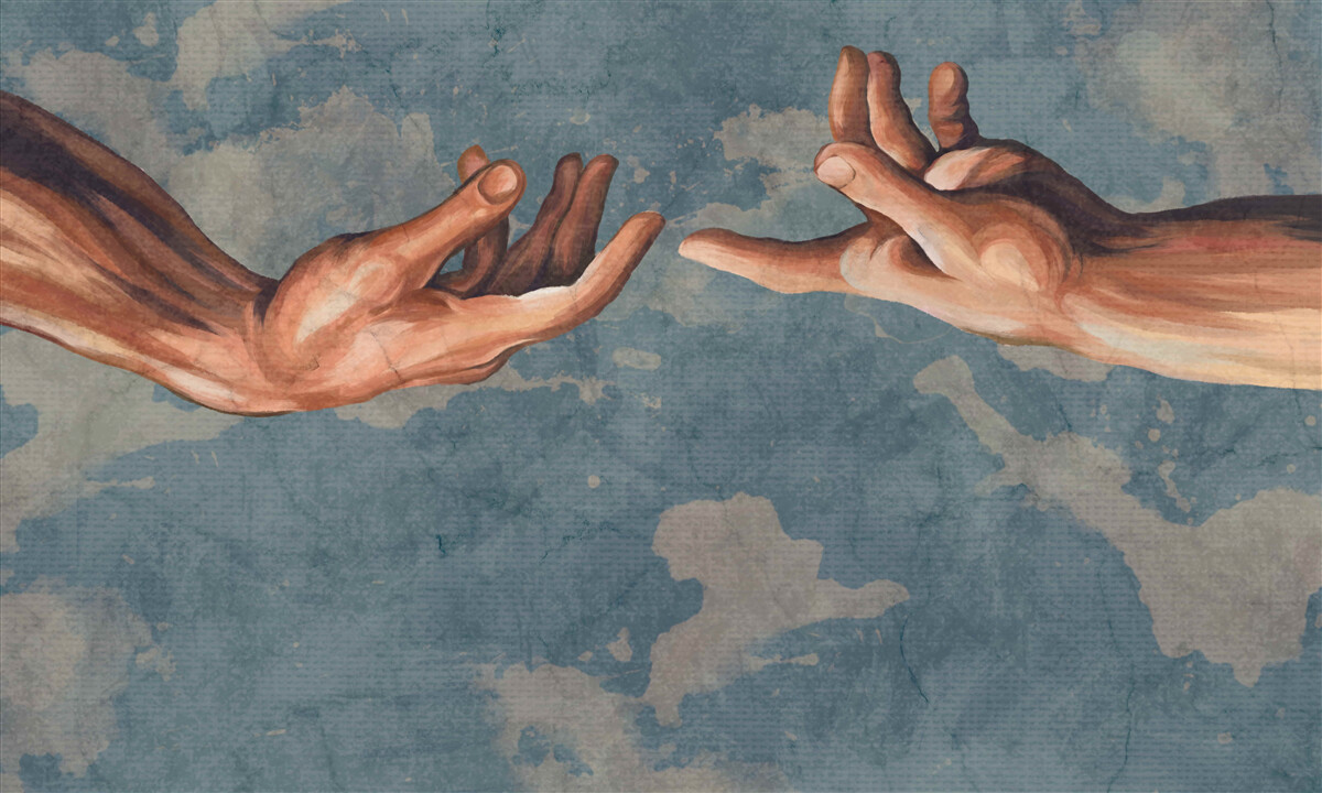 Papier peint les mains se tendent l'une vers l'autre