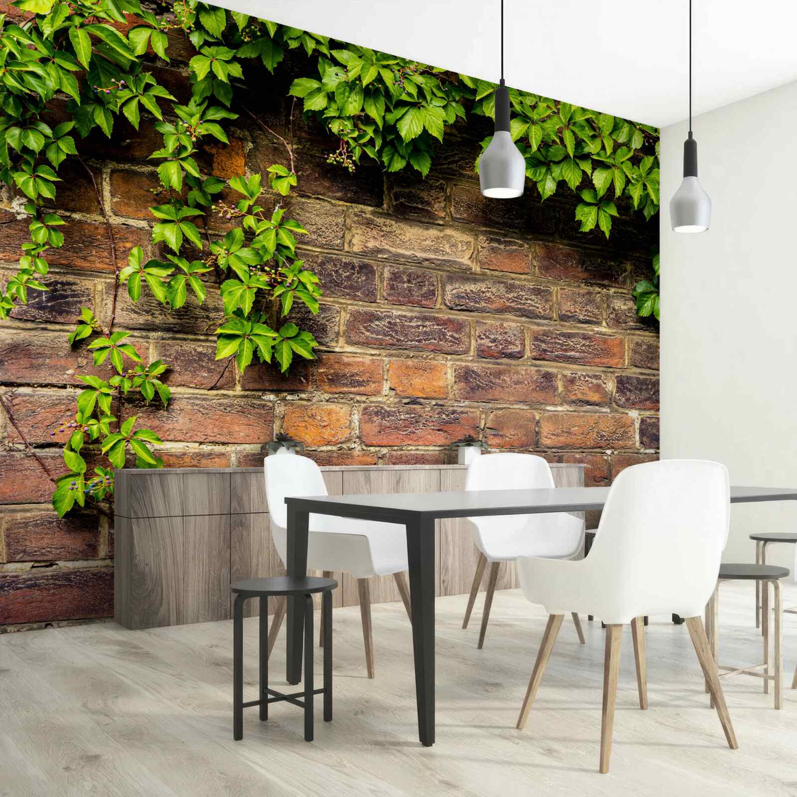 Papier peint Mur de briques entouré de plantes vertes