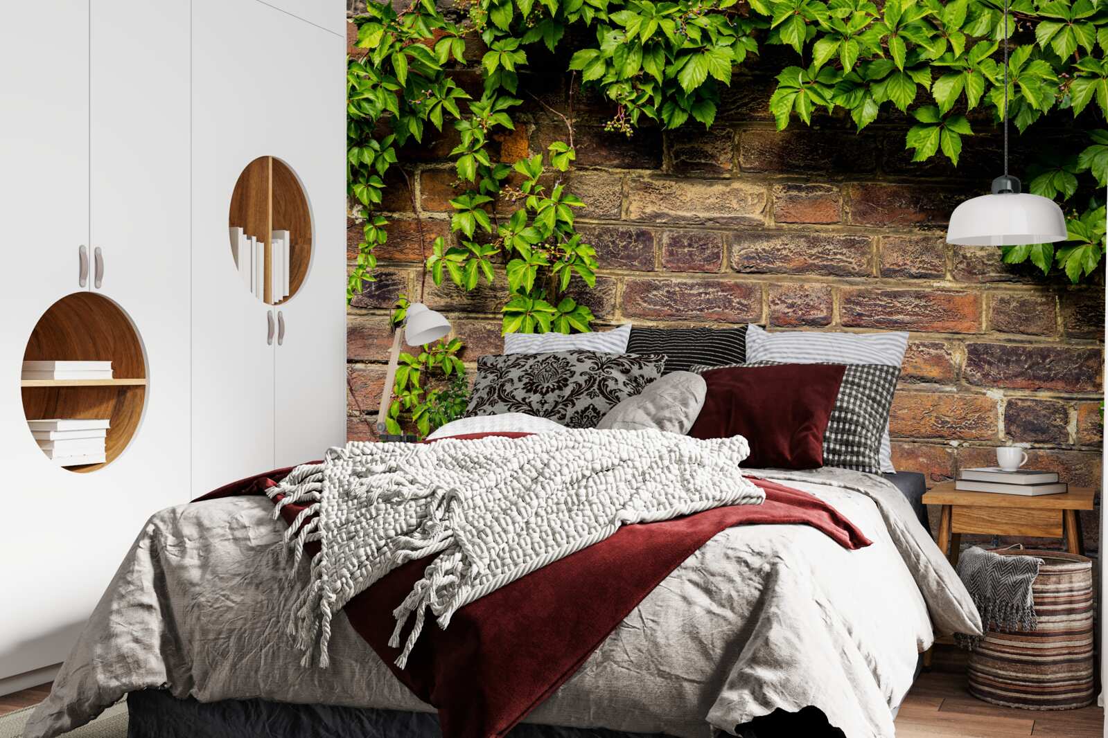 Papier peint Mur de briques entouré de plantes vertes