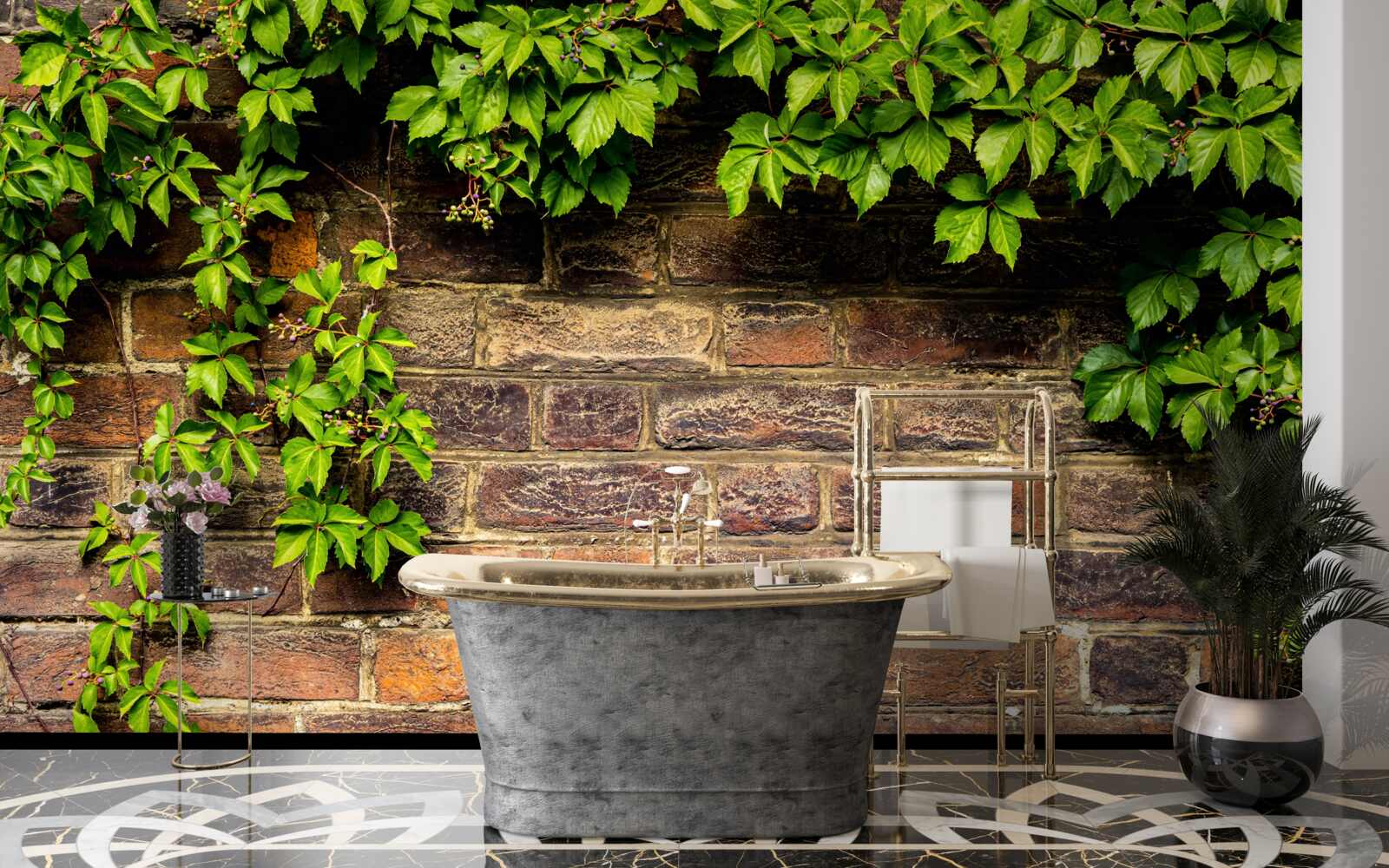 Papier peint Mur de briques entouré de plantes vertes