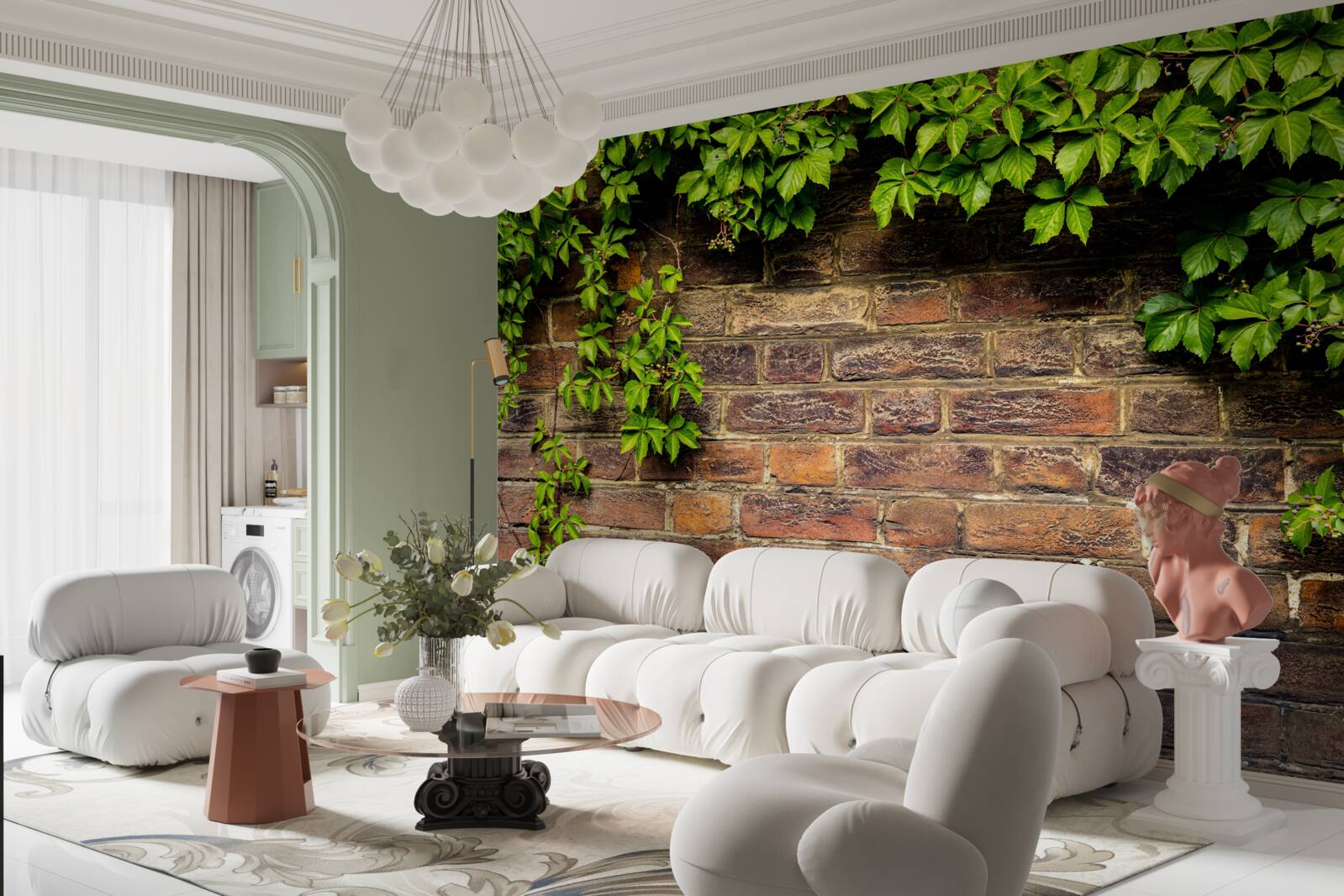 Papier peint Mur de briques entouré de plantes vertes
