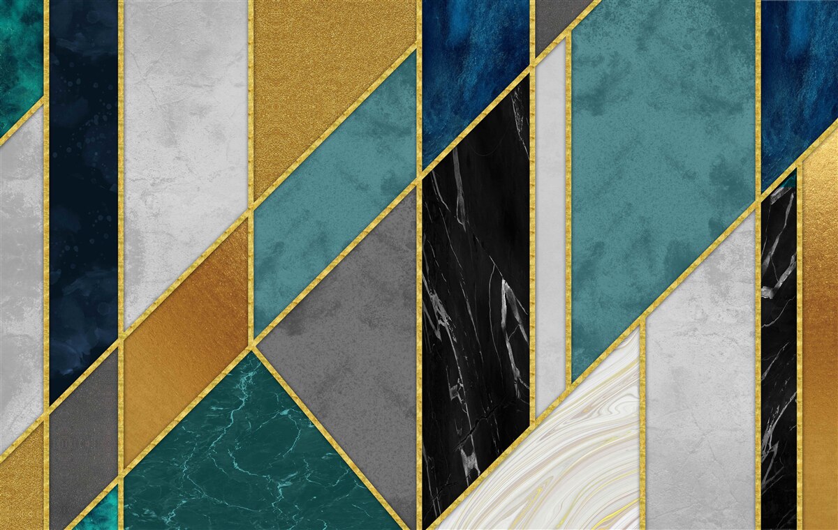 Papier peint marbre de différentes couleurs, terminé par des figures dorées