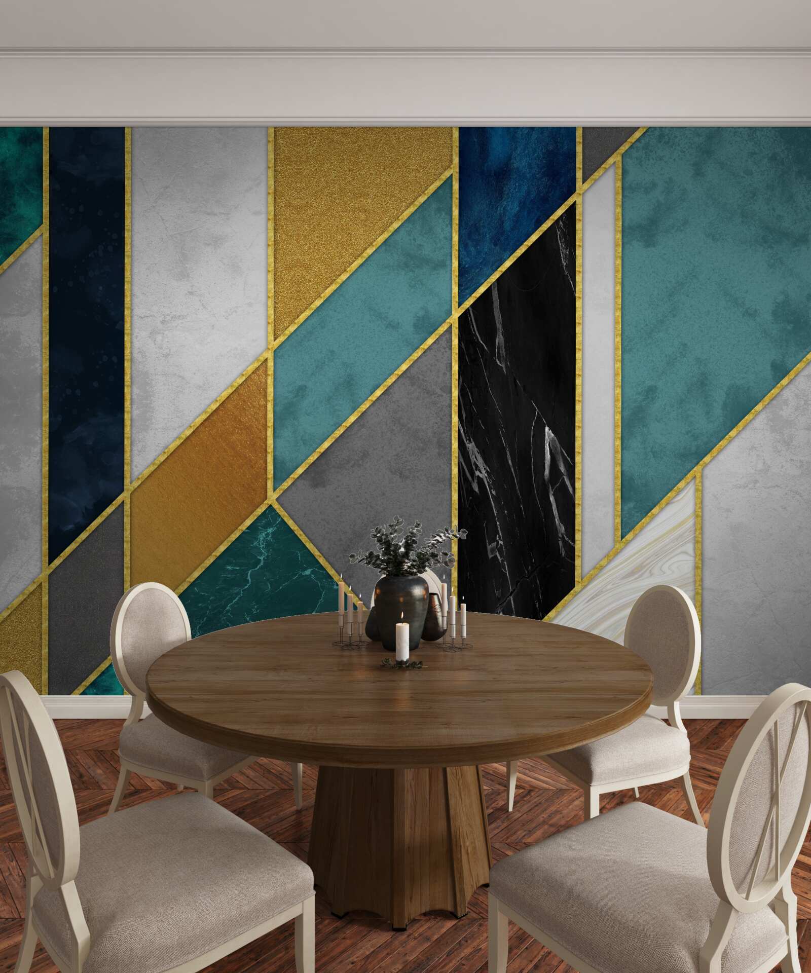 Papier peint marbre de différentes couleurs, terminé par des figures dorées