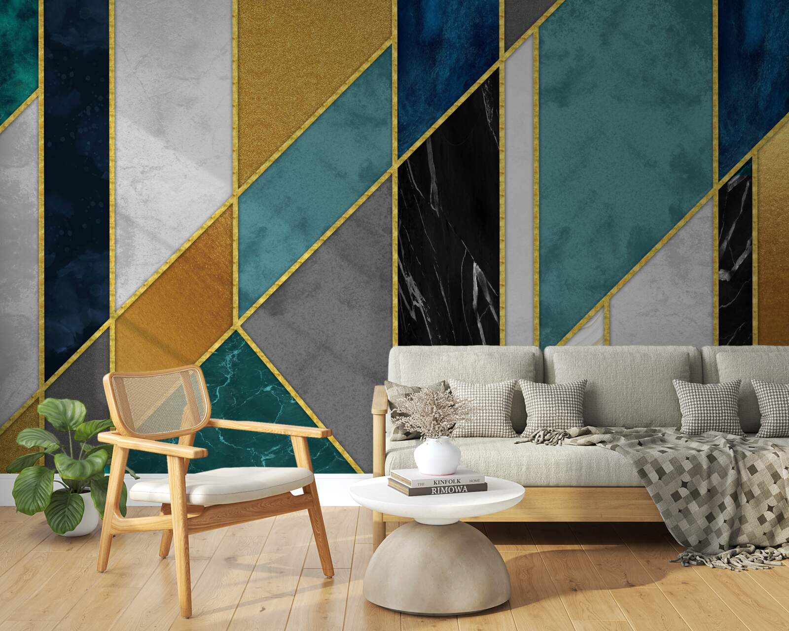 Papier peint marbre de différentes couleurs, terminé par des figures dorées