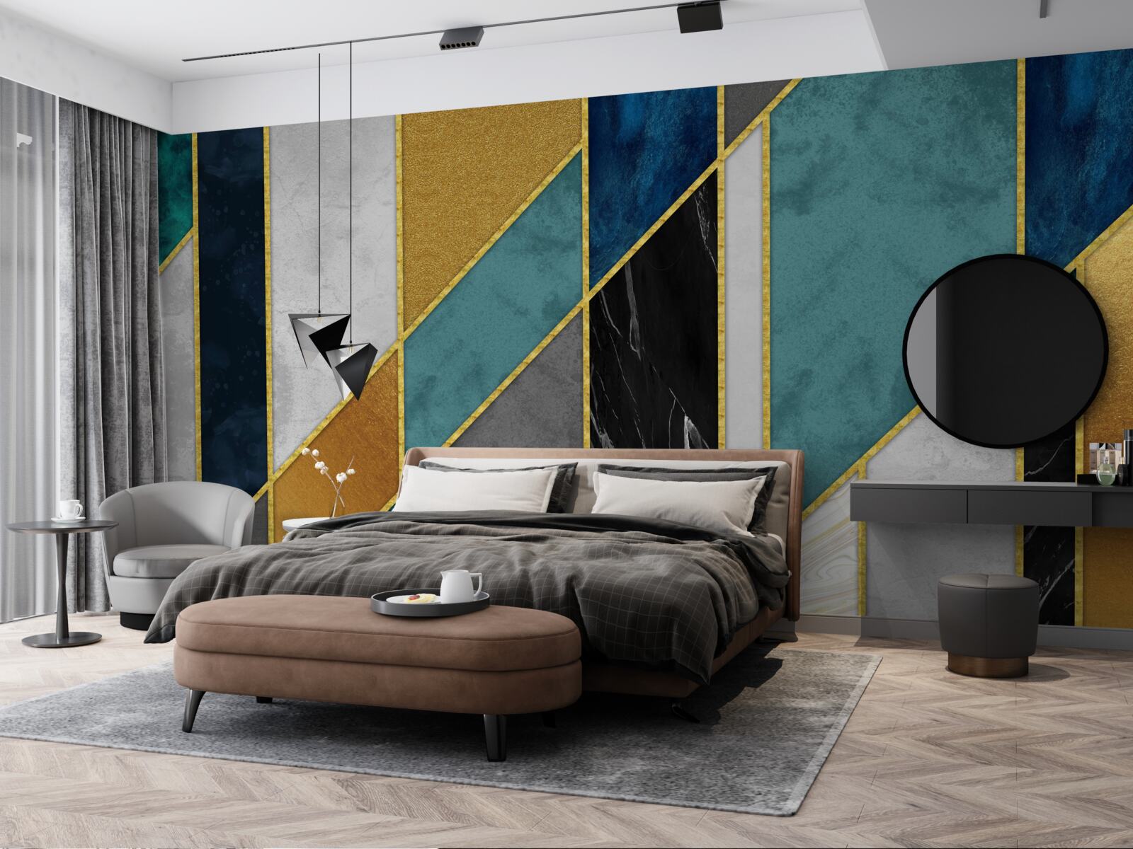 Papier peint marbre de différentes couleurs, terminé par des figures dorées